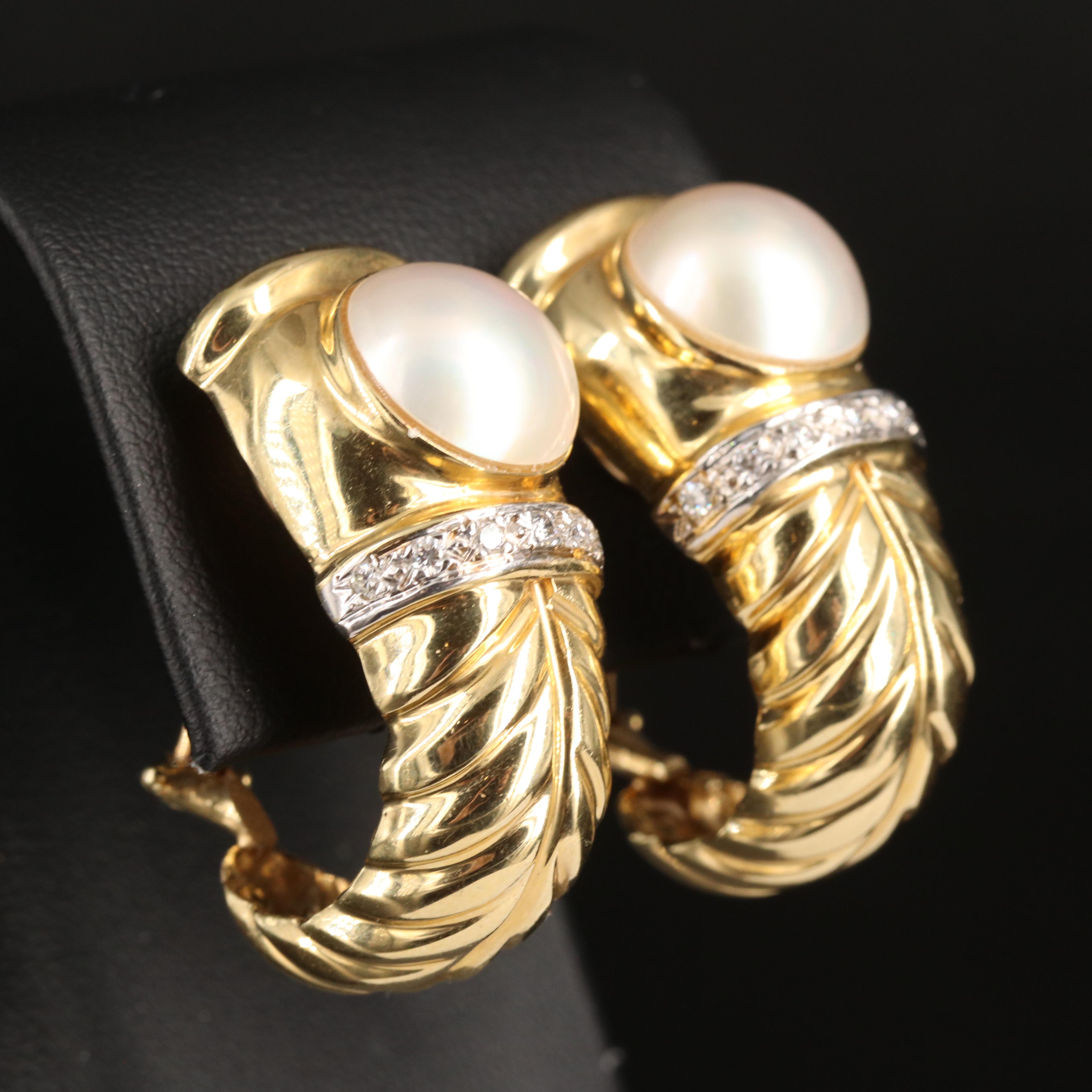 14K Pearl and Diamond J Hoop Earrings