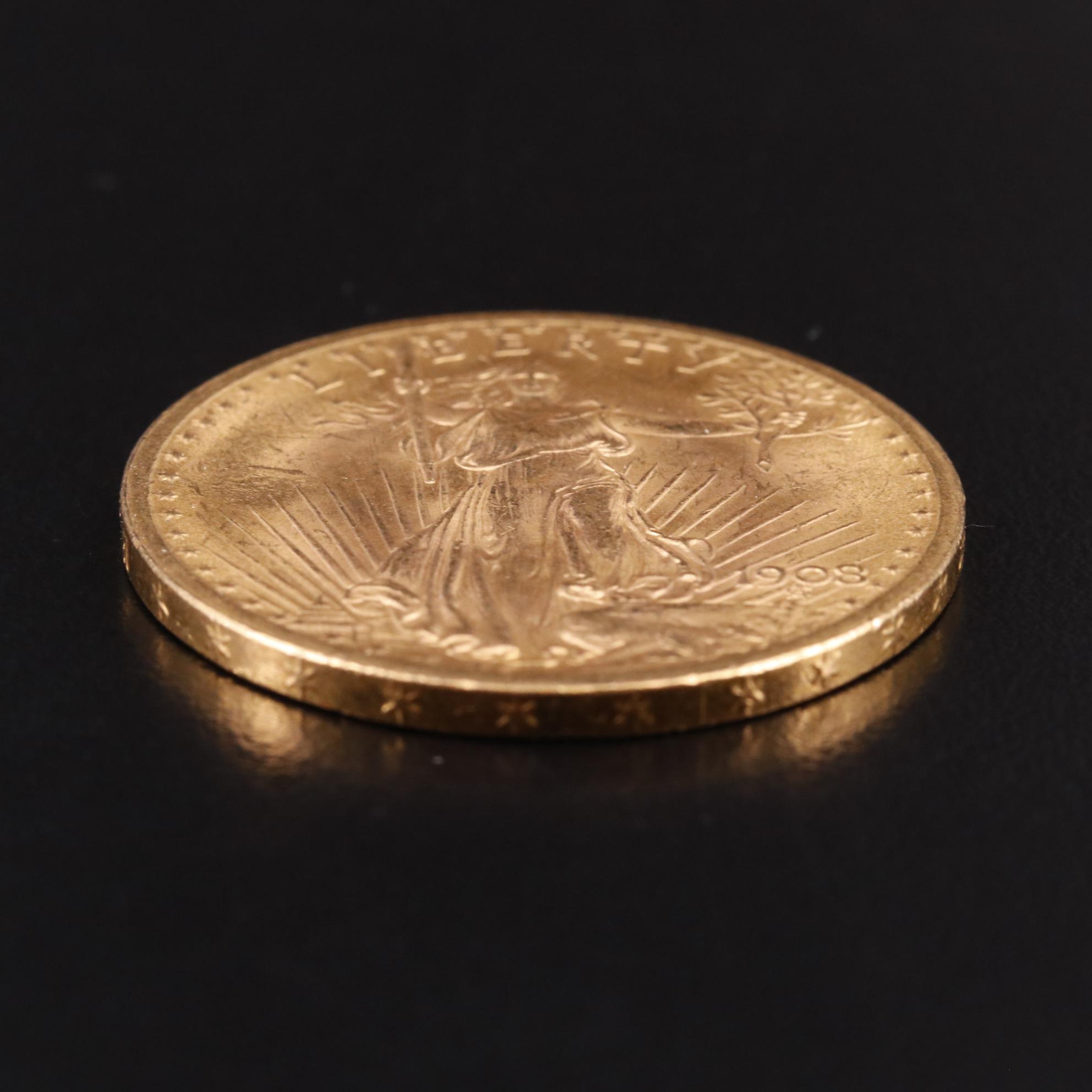 1908 "No Motto" Saint Gaudens $20 Gold Coin