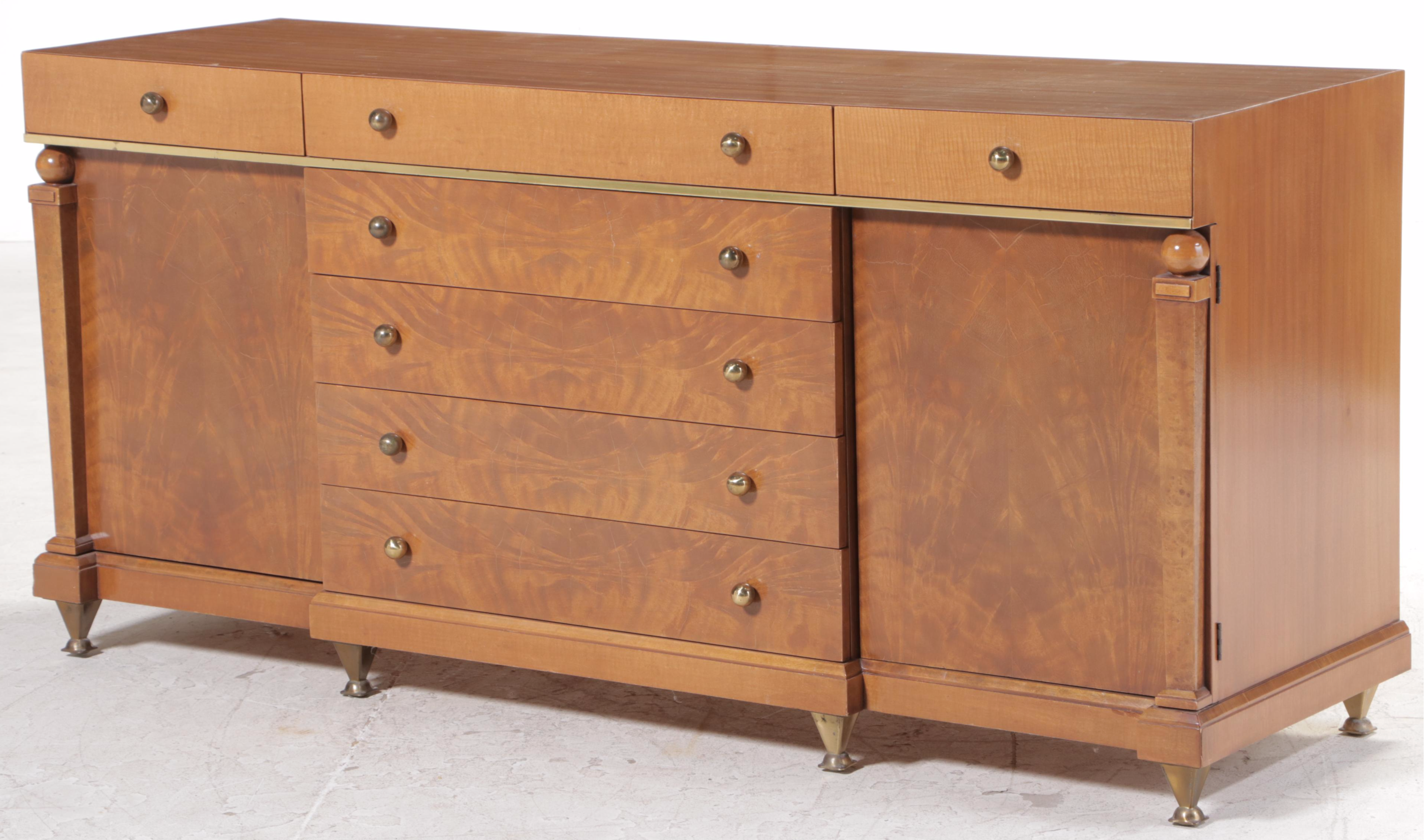 Romweber Empire Style Mahogany, Maple, and Burlwood Thirteen-Drawer Dresser