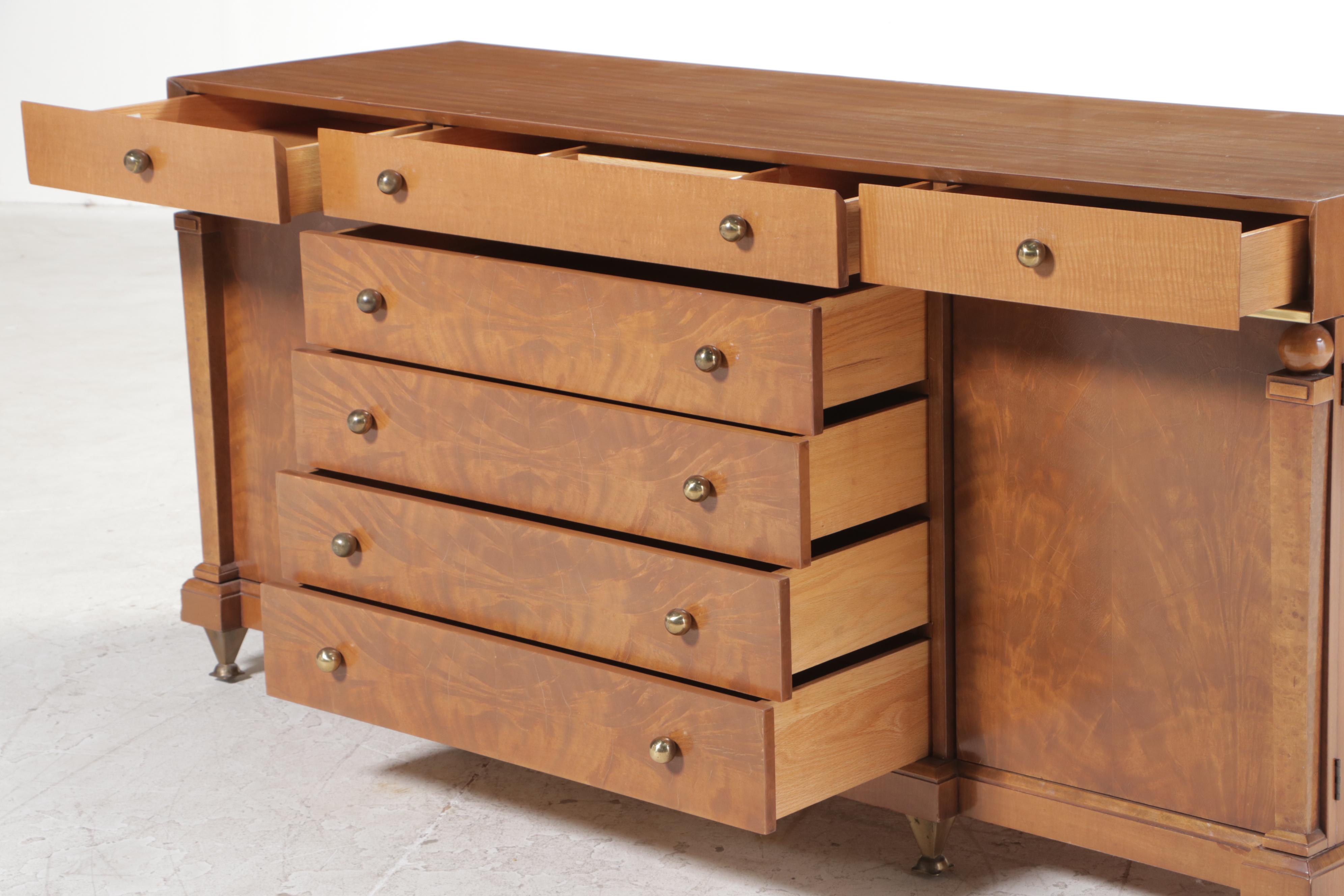 Romweber Empire Style Mahogany, Maple, and Burlwood Thirteen-Drawer Dresser