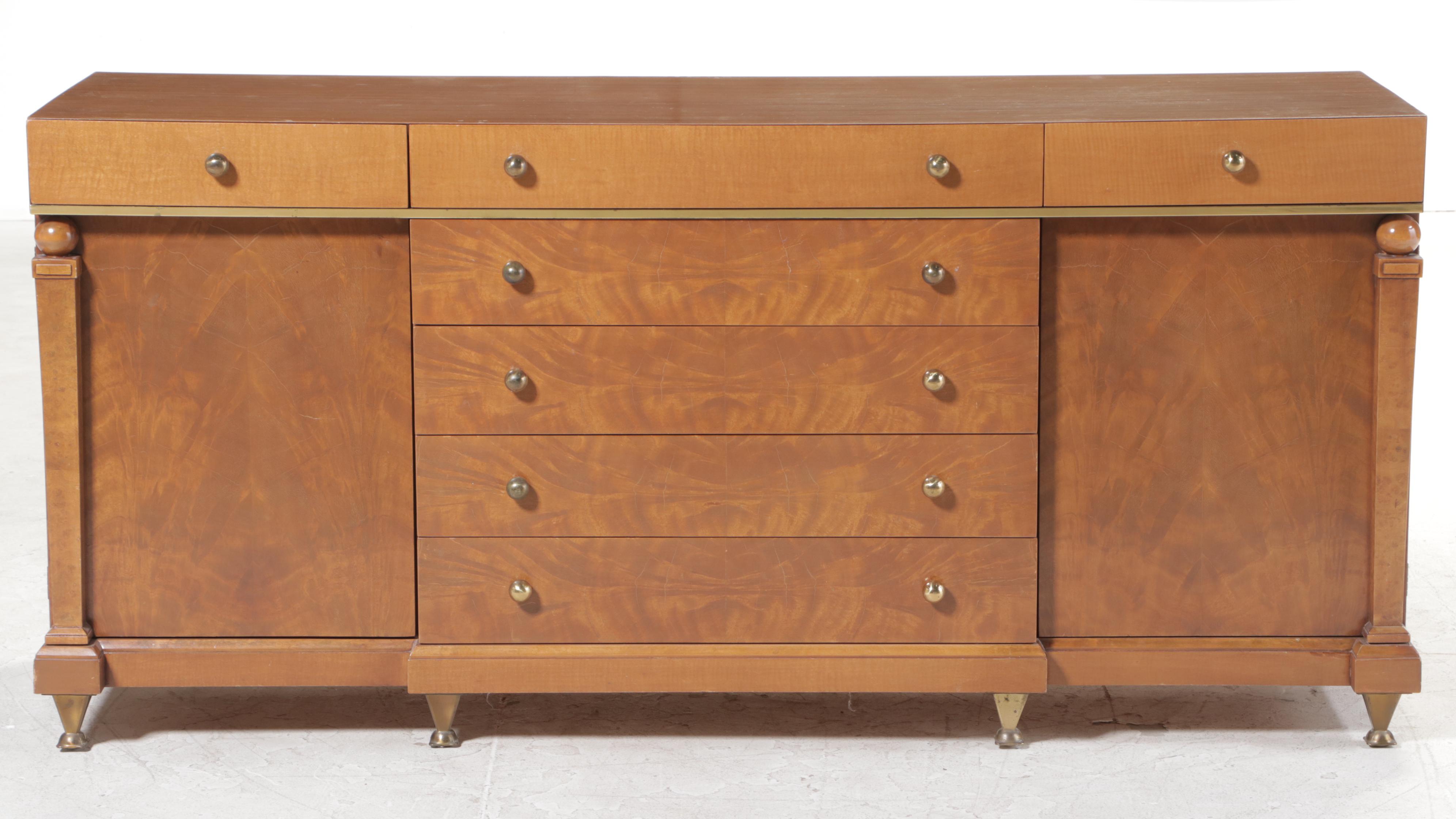 Romweber Empire Style Mahogany, Maple, and Burlwood Thirteen-Drawer Dresser