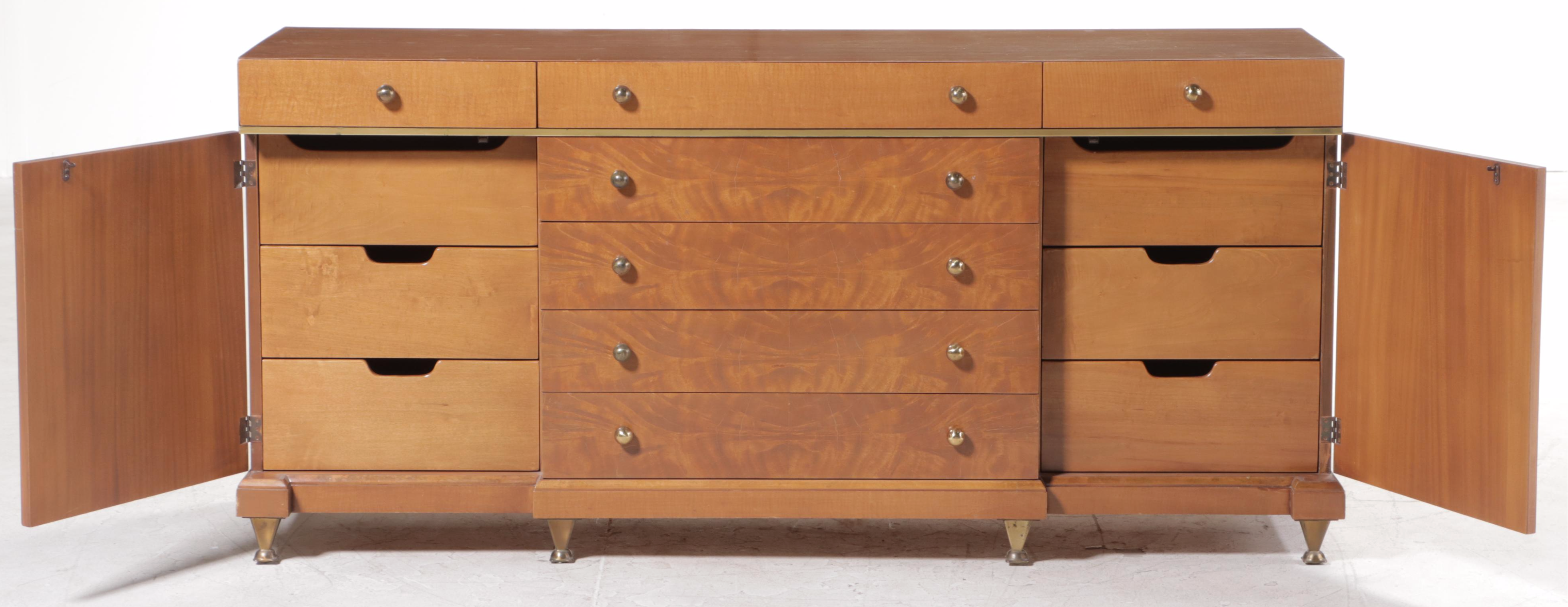 Romweber Empire Style Mahogany, Maple, and Burlwood Thirteen-Drawer Dresser