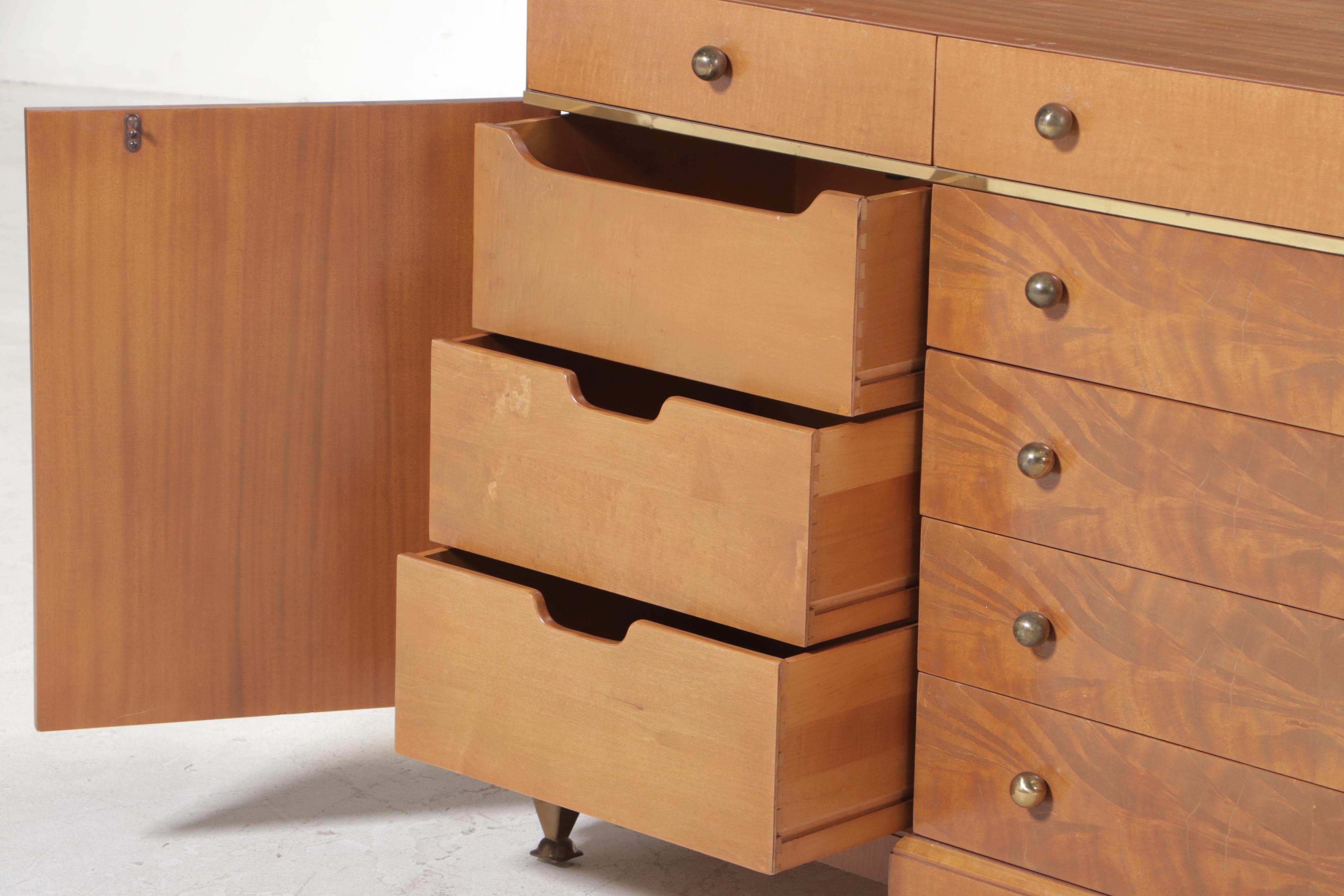 Romweber Empire Style Mahogany, Maple, and Burlwood Thirteen-Drawer Dresser