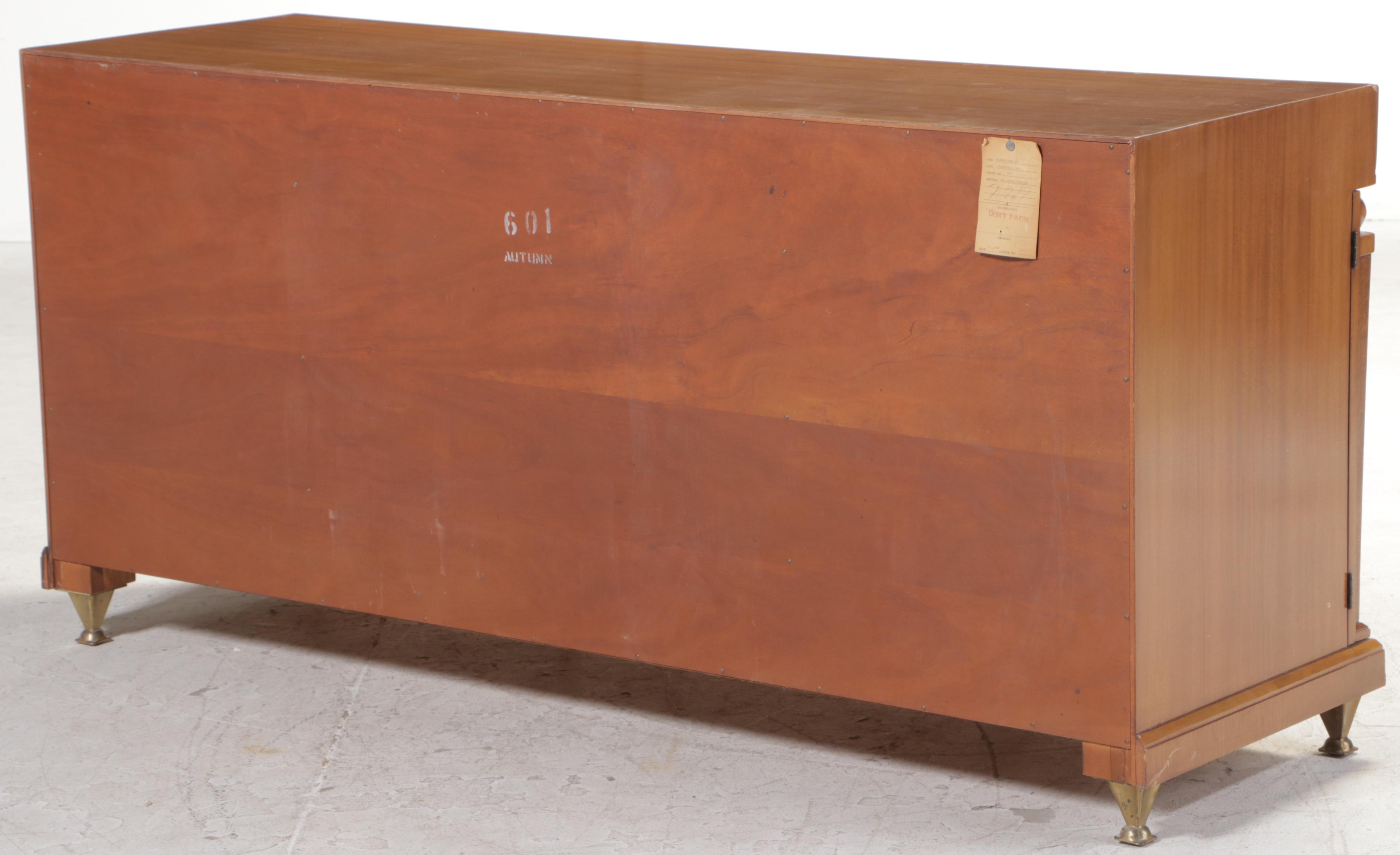 Romweber Empire Style Mahogany, Maple, and Burlwood Thirteen-Drawer Dresser