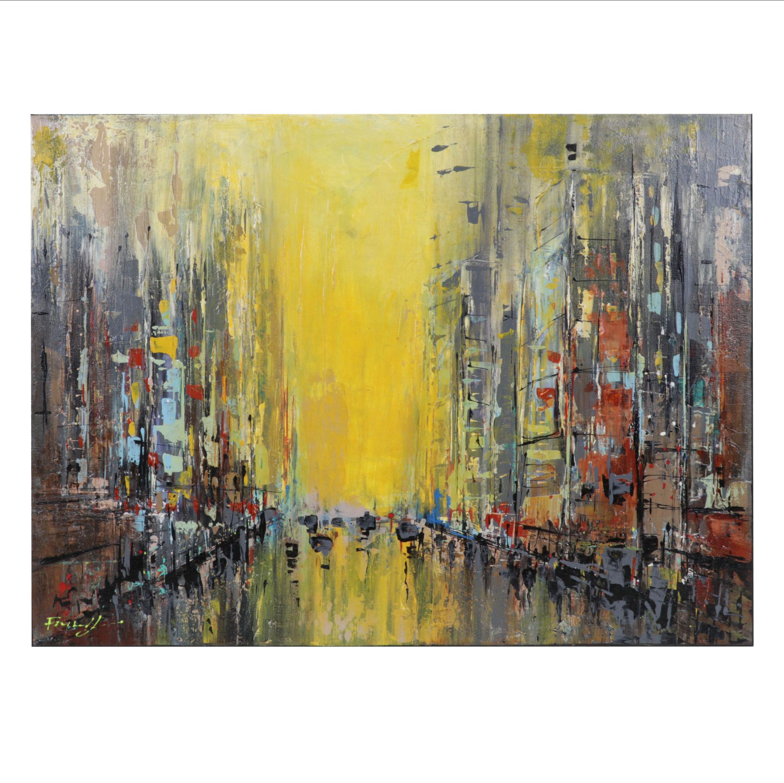 Farshad Lanjani Abstract City Street Acrylic Painting, 21st Century