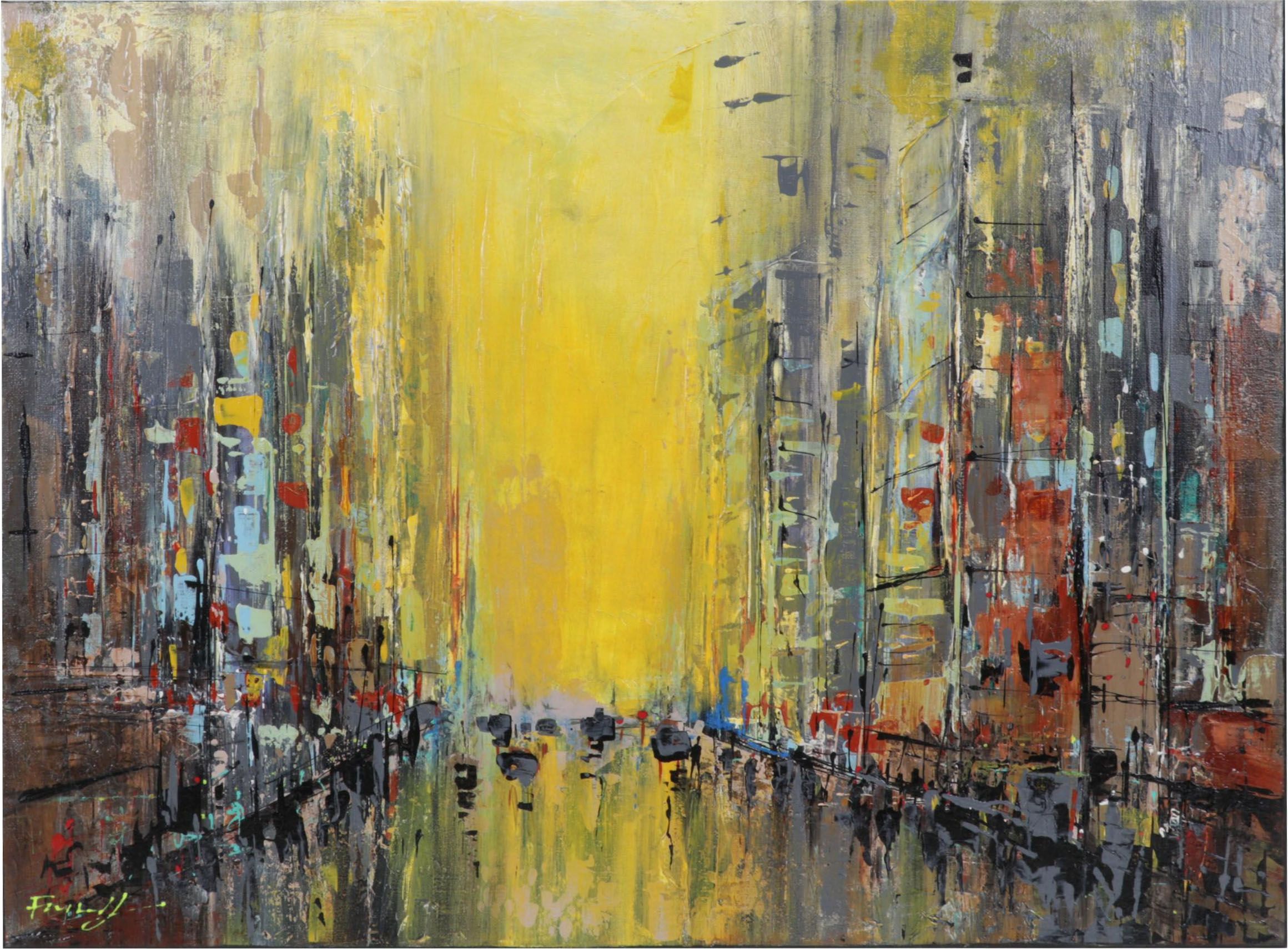 Farshad Lanjani Abstract City Street Acrylic Painting, 21st Century