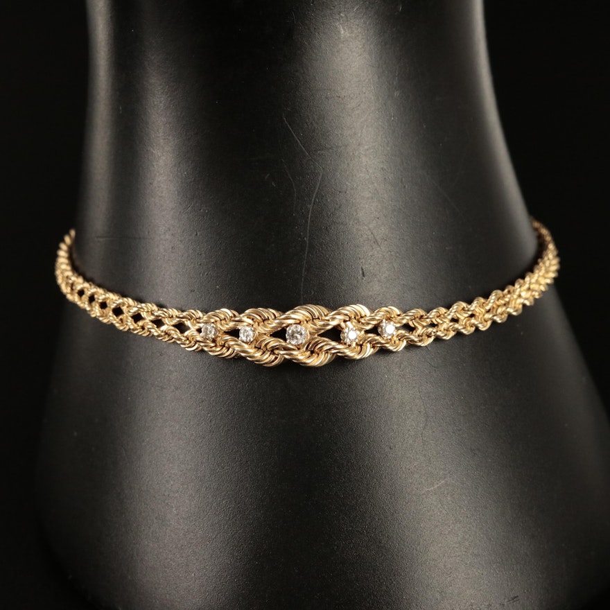 14K 0.10 CTW Diamond on Double Row Rope Chain Bracelet