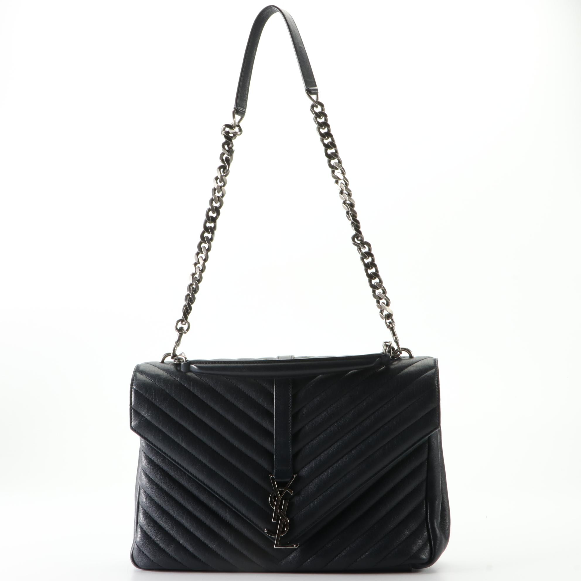 Saint Laurent Large Classic Monogram College Bag in Chevron Matelessé Leather