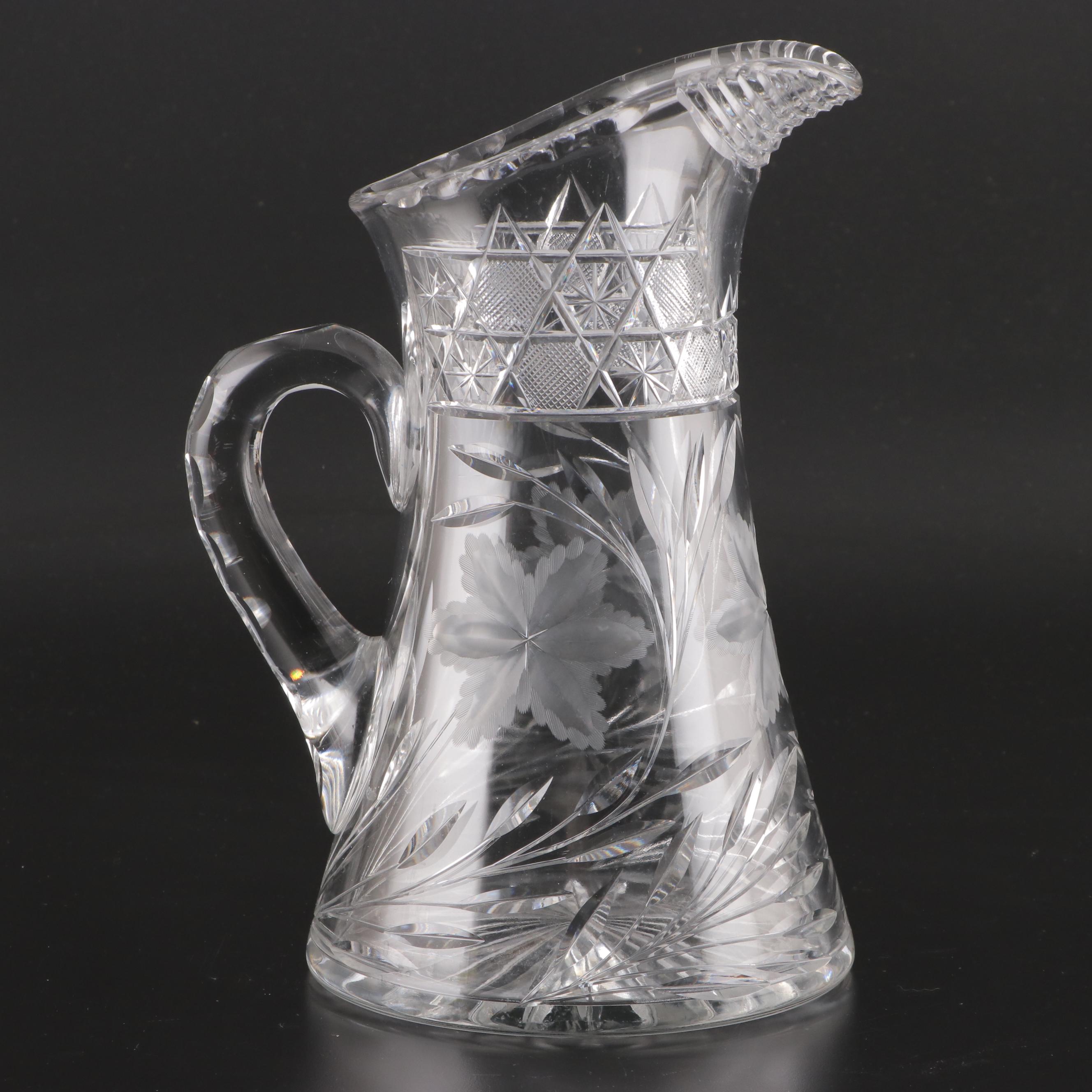 ABP Style Cut Glass Thumbprint Handled Creamer, Sugar and Pitcher, 20th Century