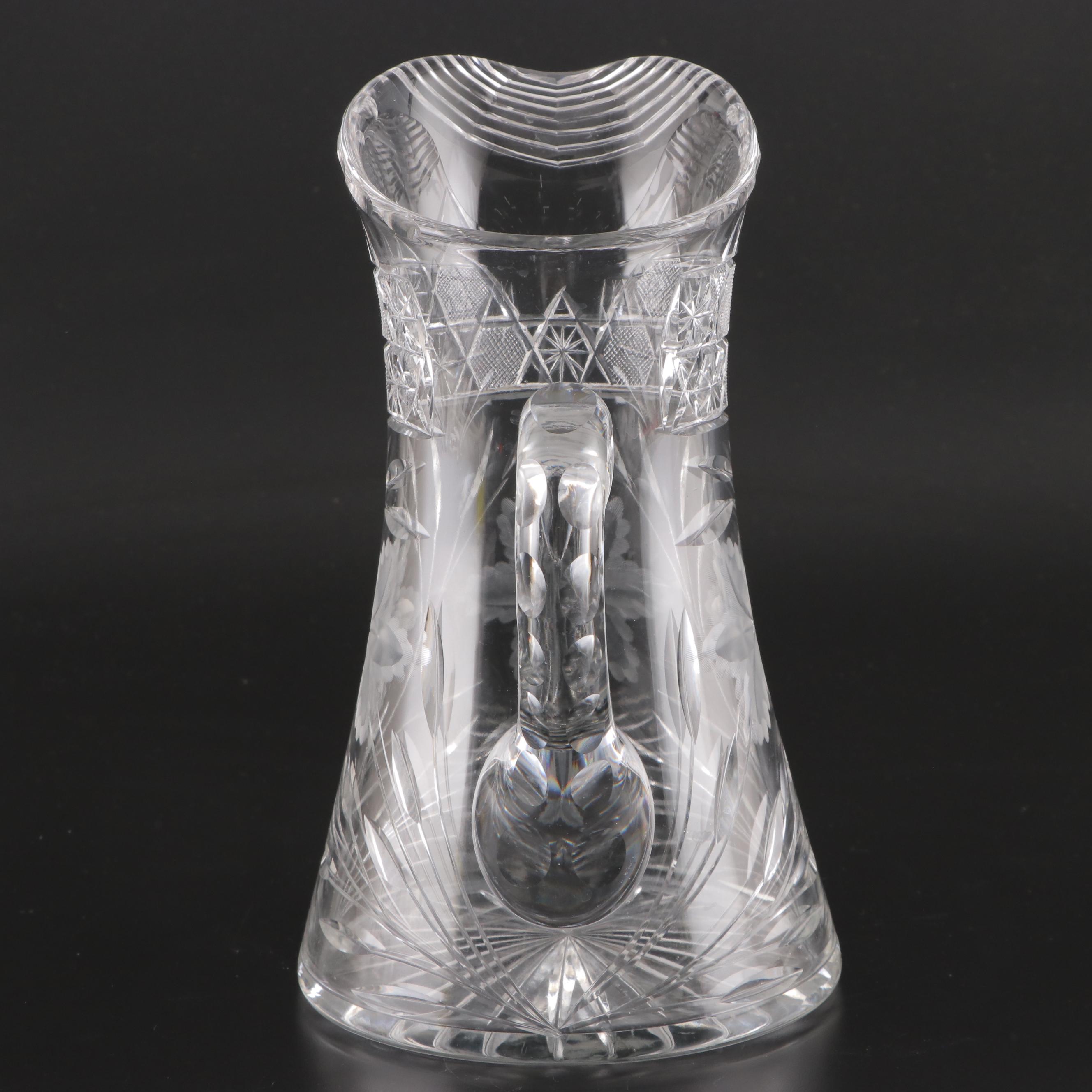 ABP Style Cut Glass Thumbprint Handled Creamer, Sugar and Pitcher, 20th Century
