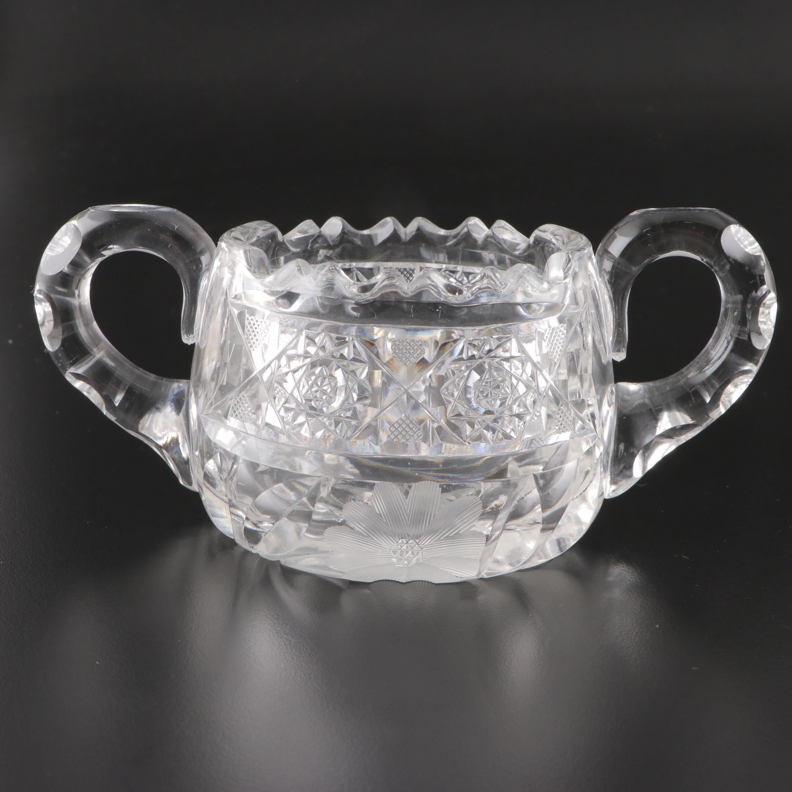 ABP Style Cut Glass Thumbprint Handled Creamer, Sugar and Pitcher, 20th Century