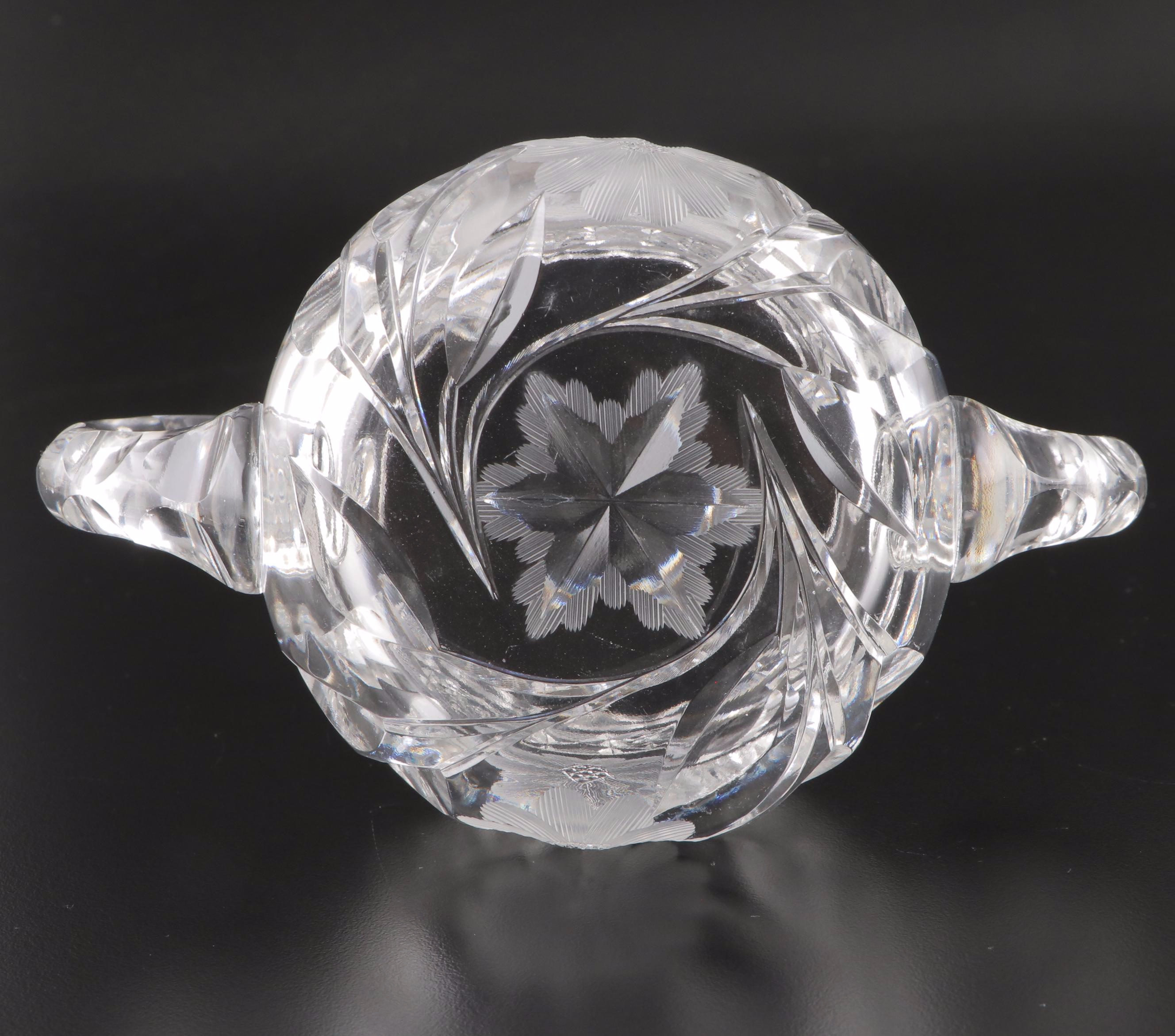 ABP Style Cut Glass Thumbprint Handled Creamer, Sugar and Pitcher, 20th Century