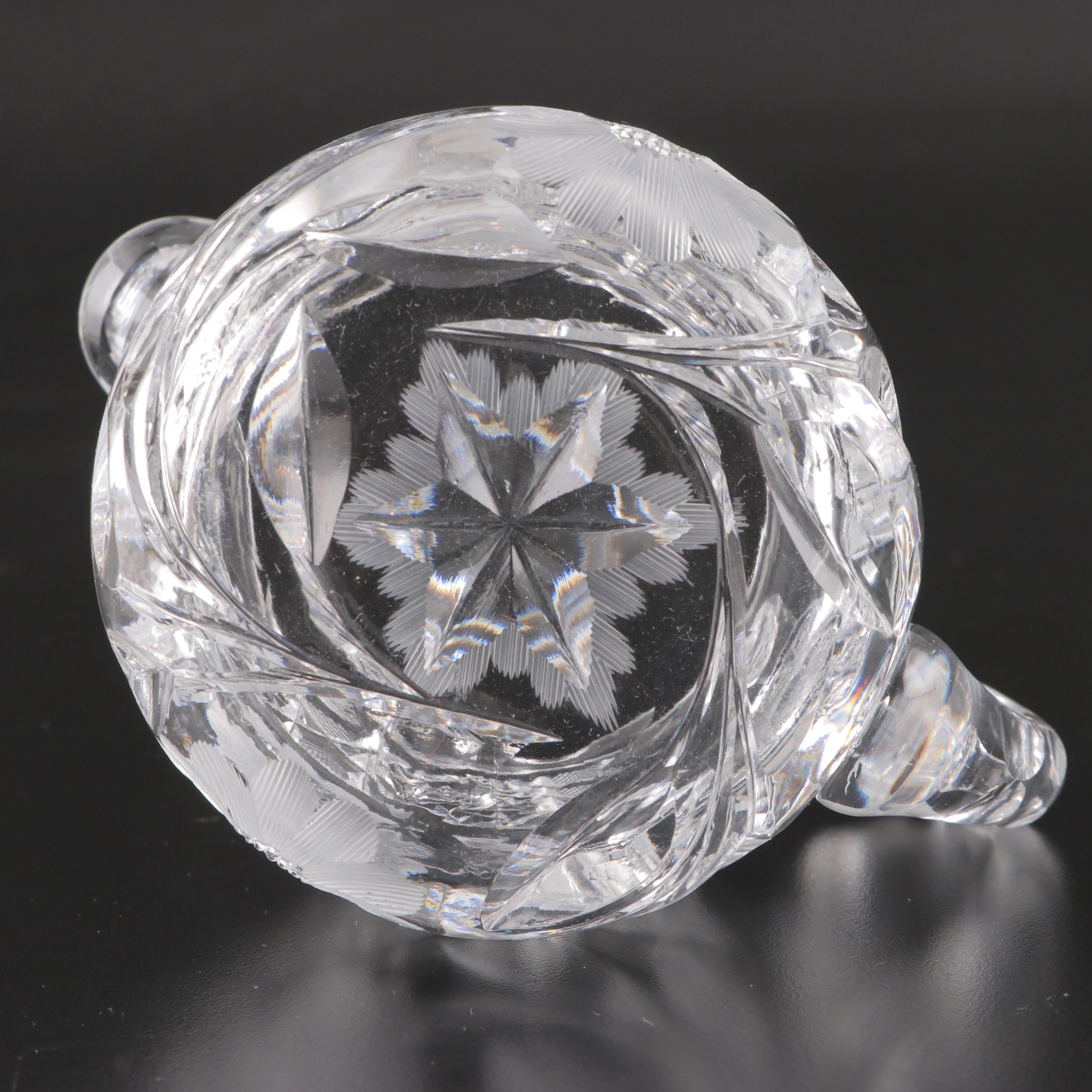 ABP Style Cut Glass Thumbprint Handled Creamer, Sugar and Pitcher, 20th Century