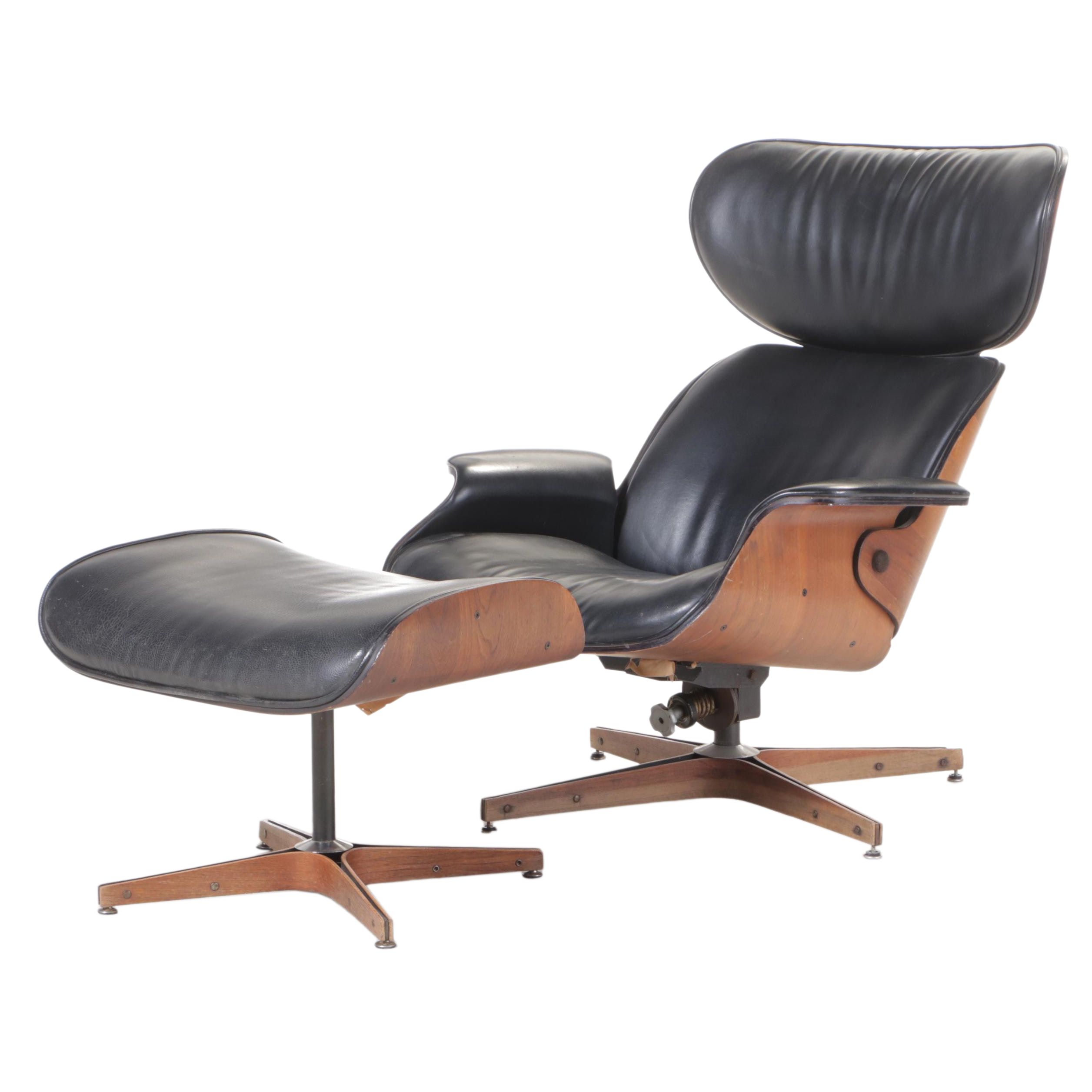 Plycraft Laminated Walnut, Steel, and Faux-Leather Lounge Chair with Ottoman