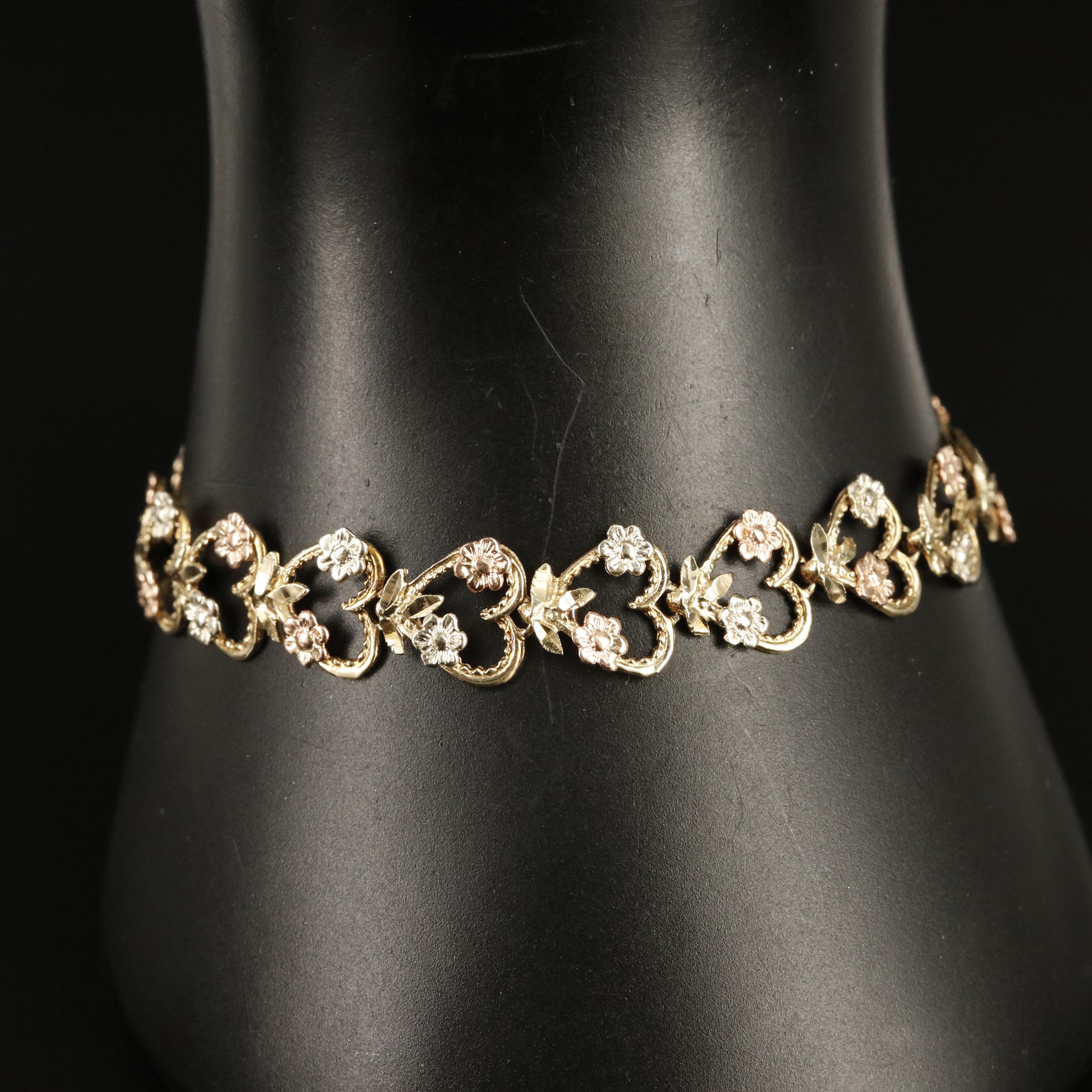 14K Heart Bracelet with Flower Accents