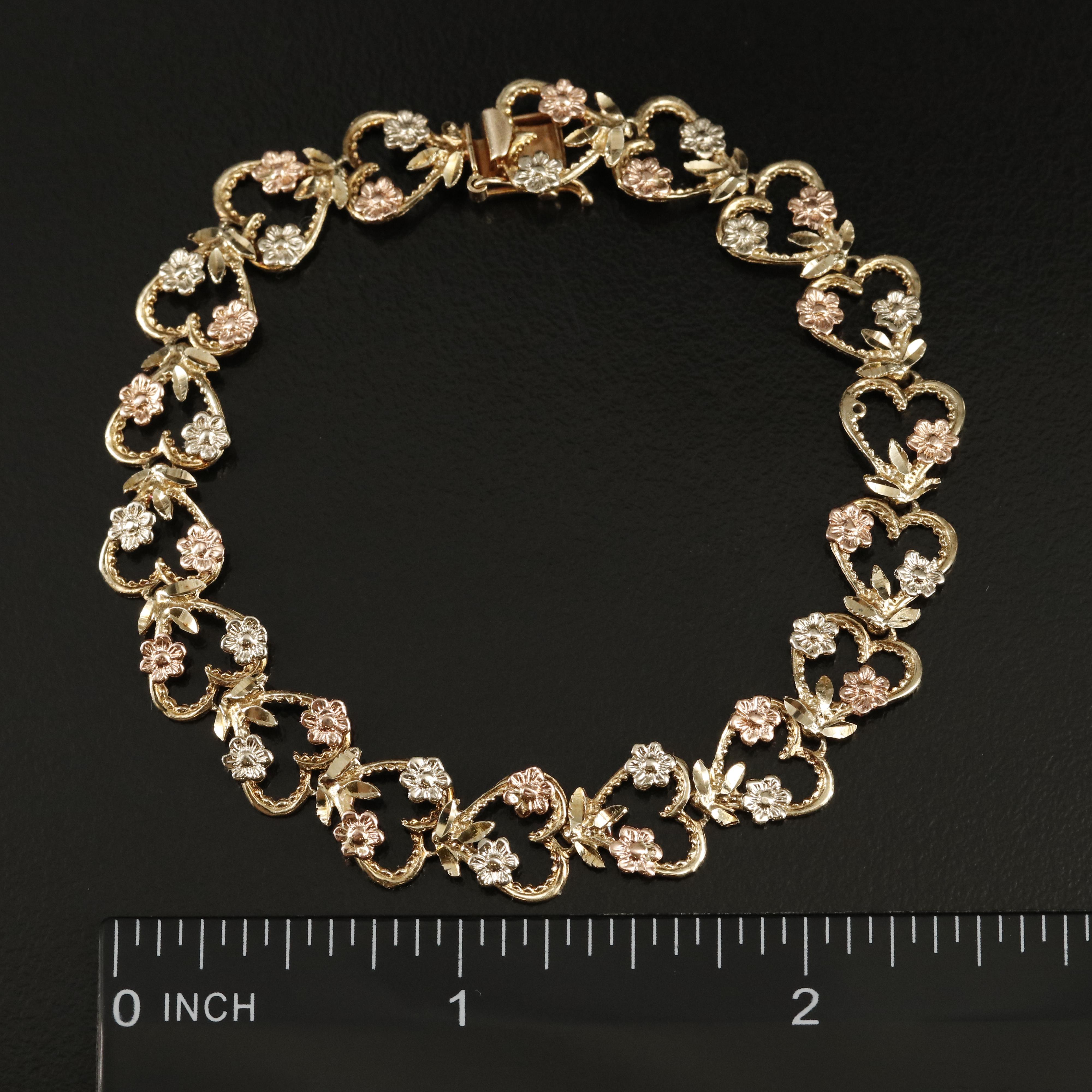 14K Heart Bracelet with Flower Accents