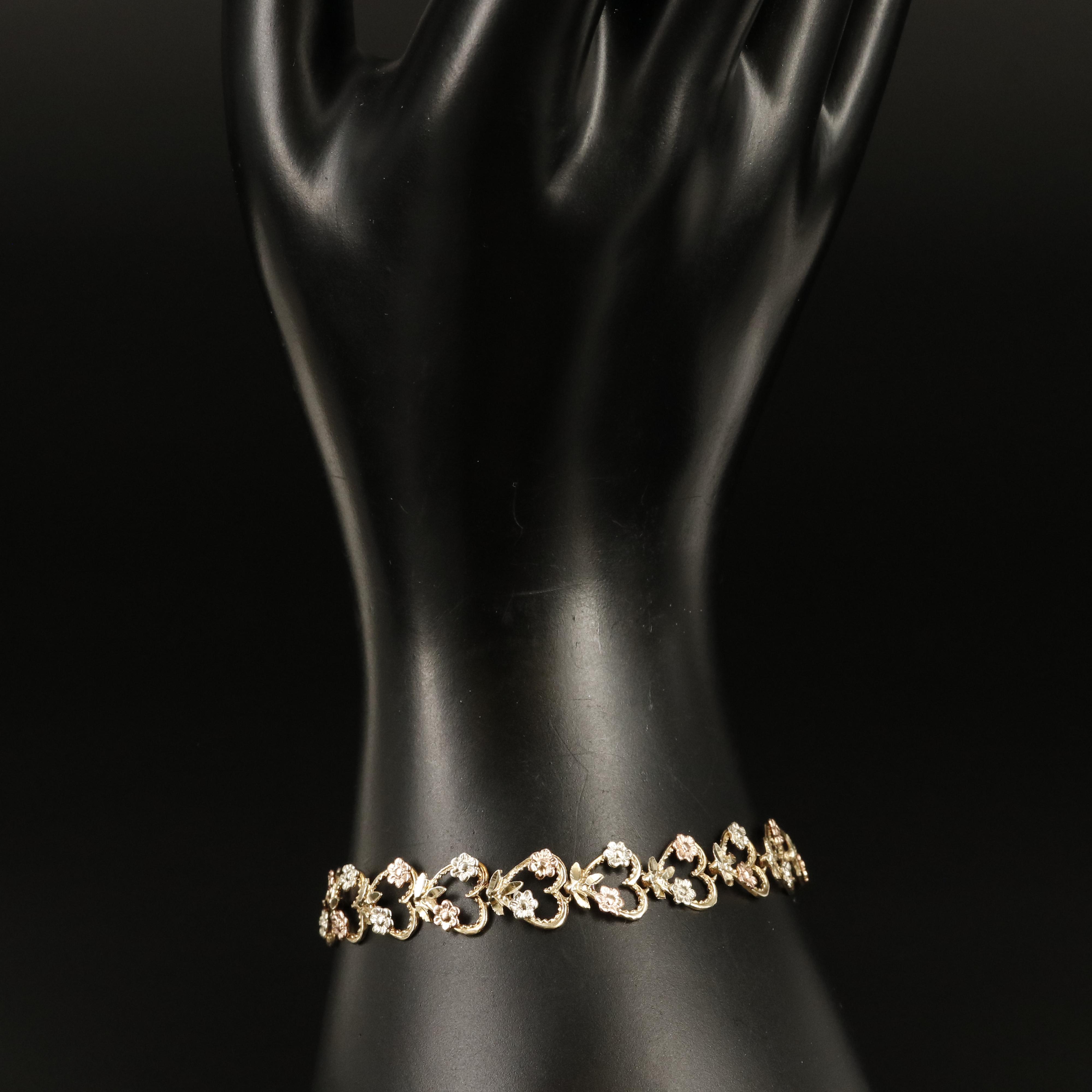14K Heart Bracelet with Flower Accents