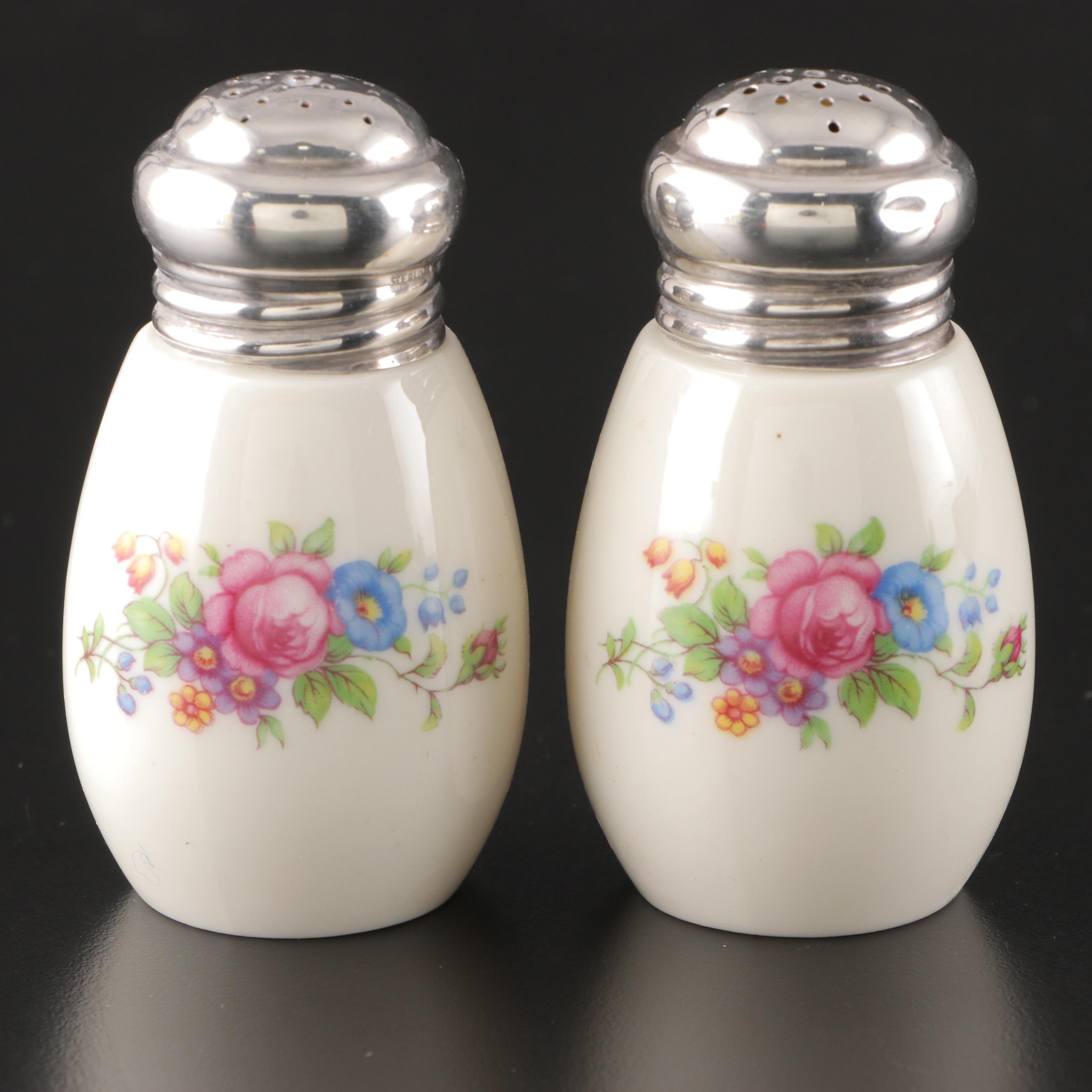 Lenox "Lenox Rose" Sterling and Bone China Shakers with Pressed Glass Salt