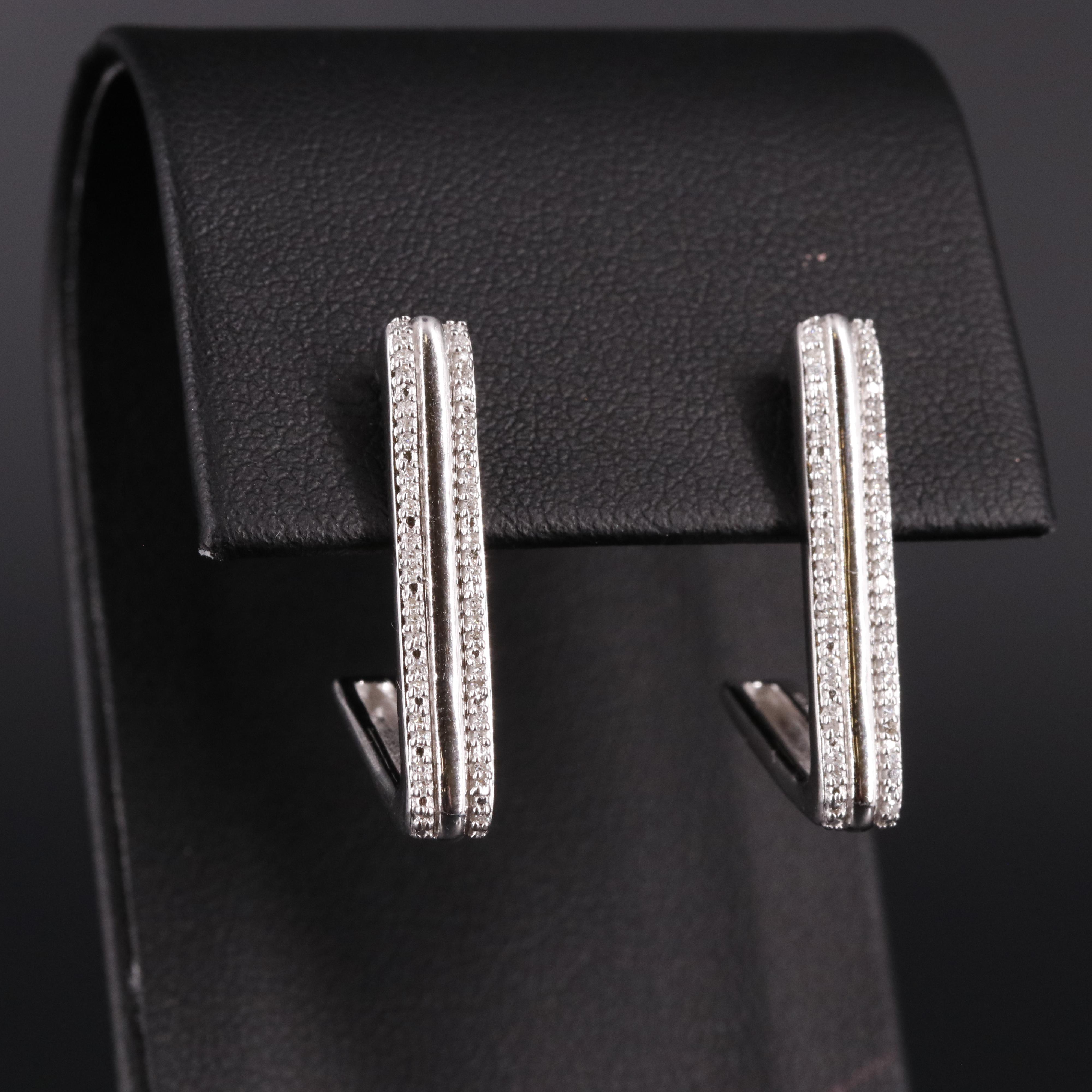 Sterling Diamond Triangular J Hoop Earrings