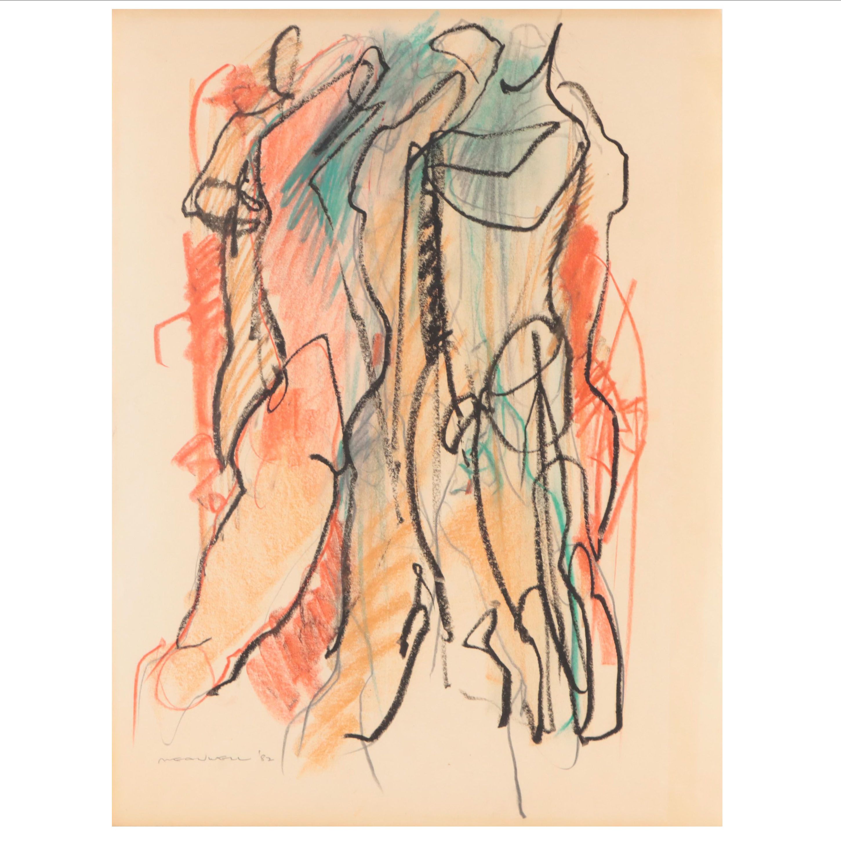 Jack Meanwell Expressionist Oil Pastel Figure Drawing, 1982