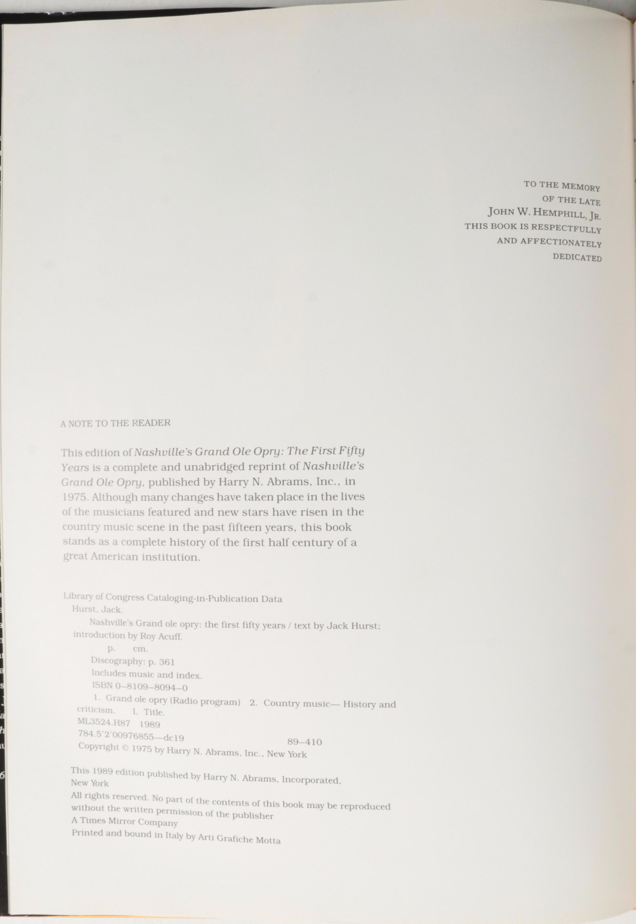 "Nashville's Grand Ole Opry: The First Fifty Years" by Jack Hurst and More