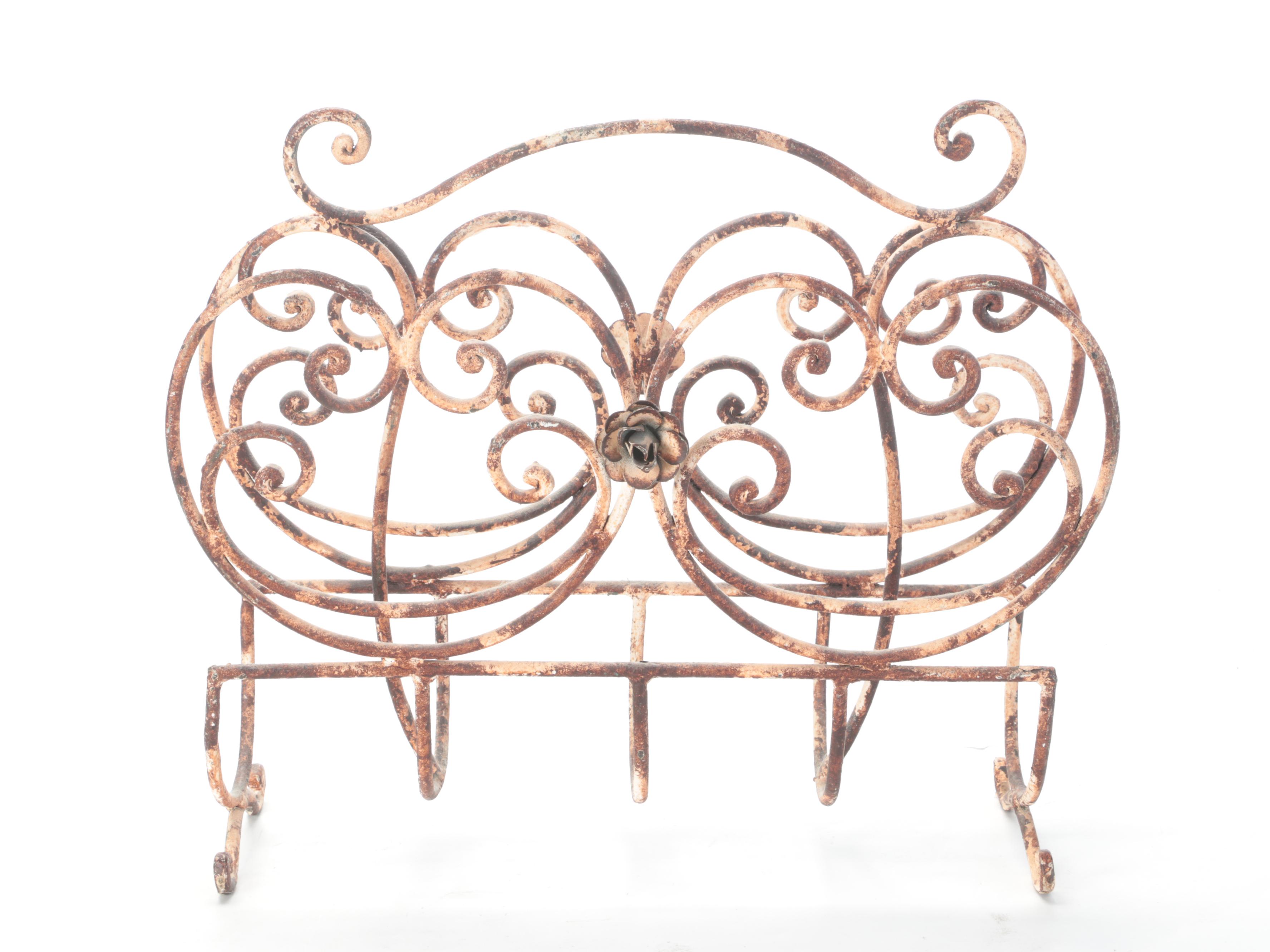 Wrought Iron Magazine Rack, Painted Kitchen Chair and Gilt-Decorated Waste Bin
