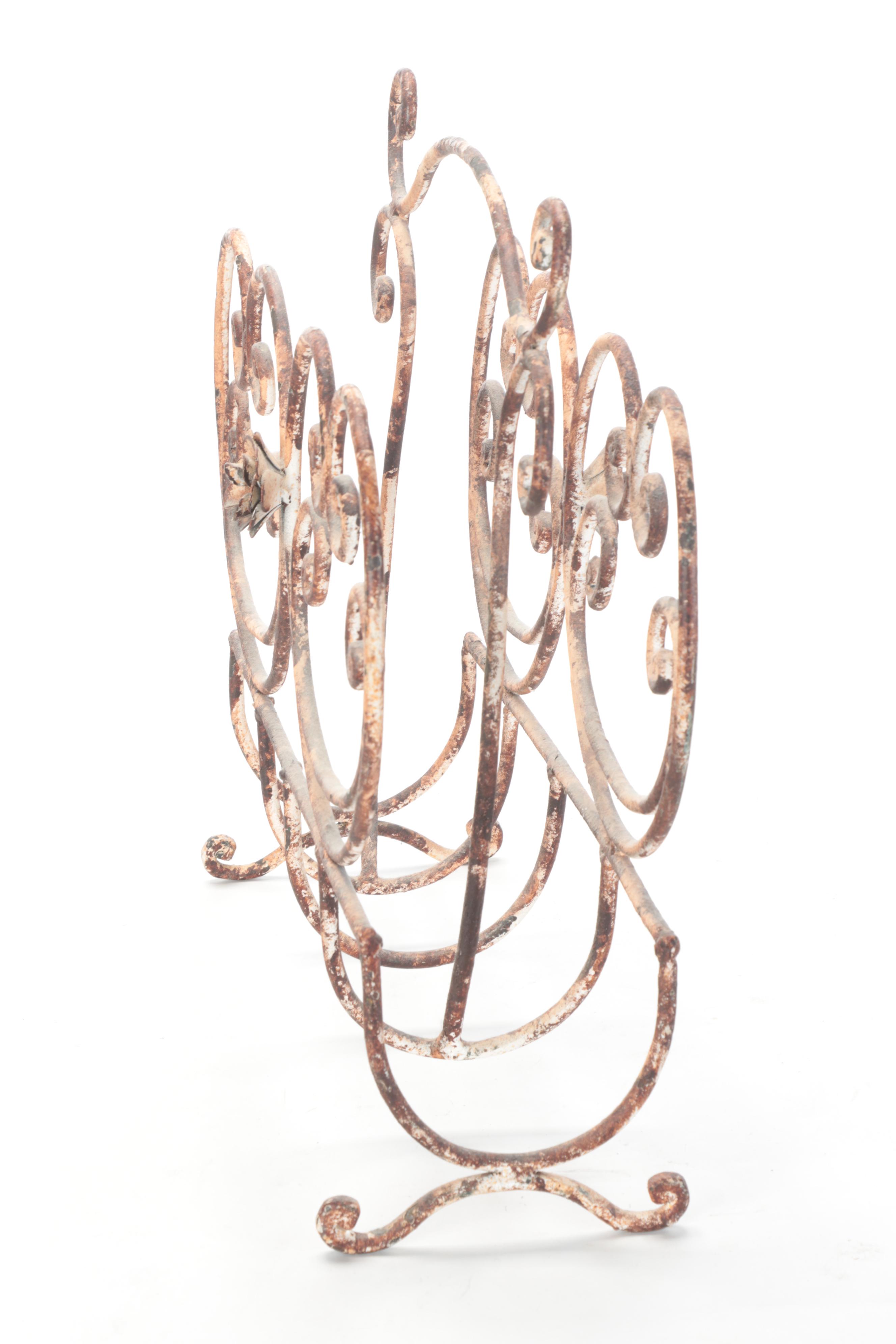 Wrought Iron Magazine Rack, Painted Kitchen Chair and Gilt-Decorated Waste Bin