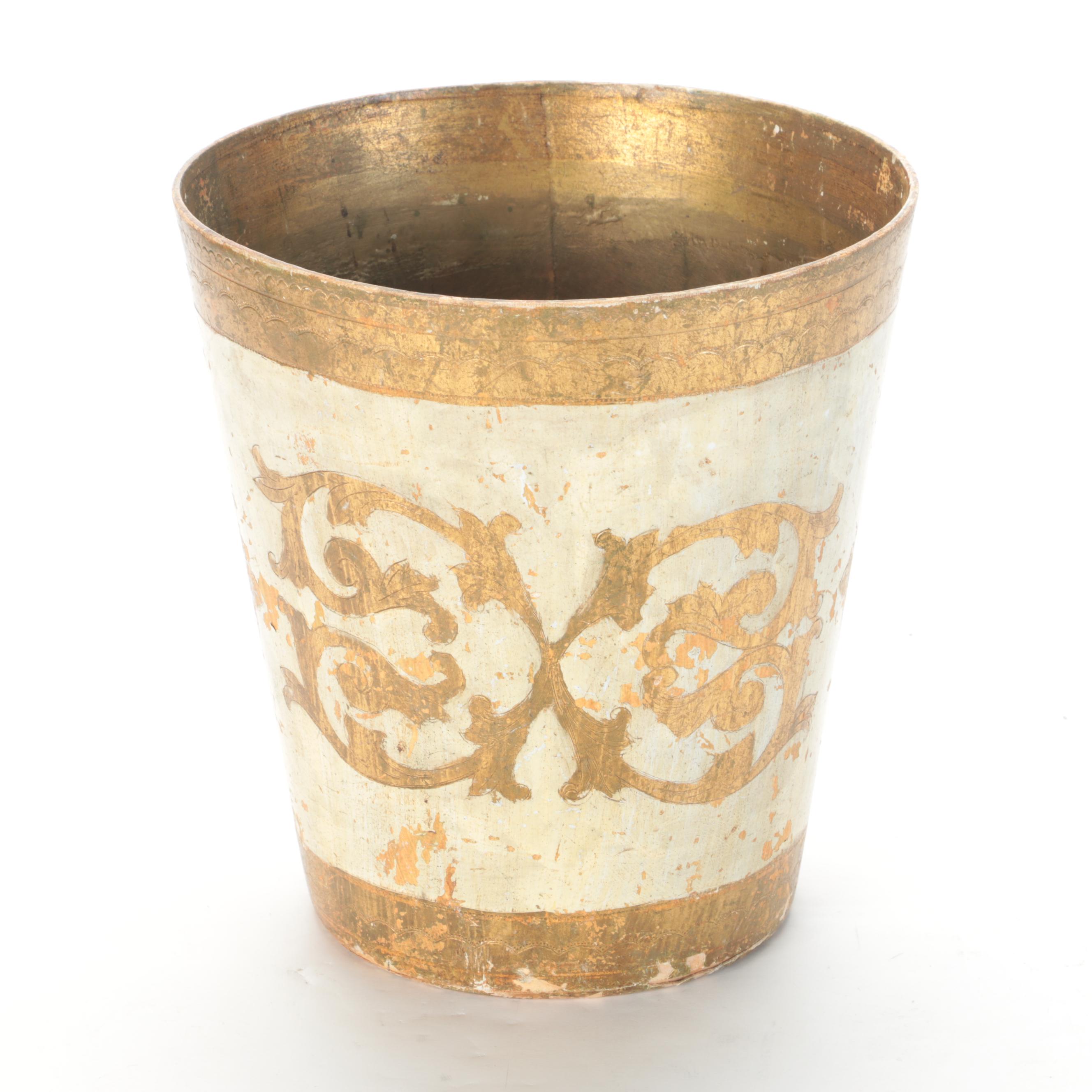 Wrought Iron Magazine Rack, Painted Kitchen Chair and Gilt-Decorated Waste Bin