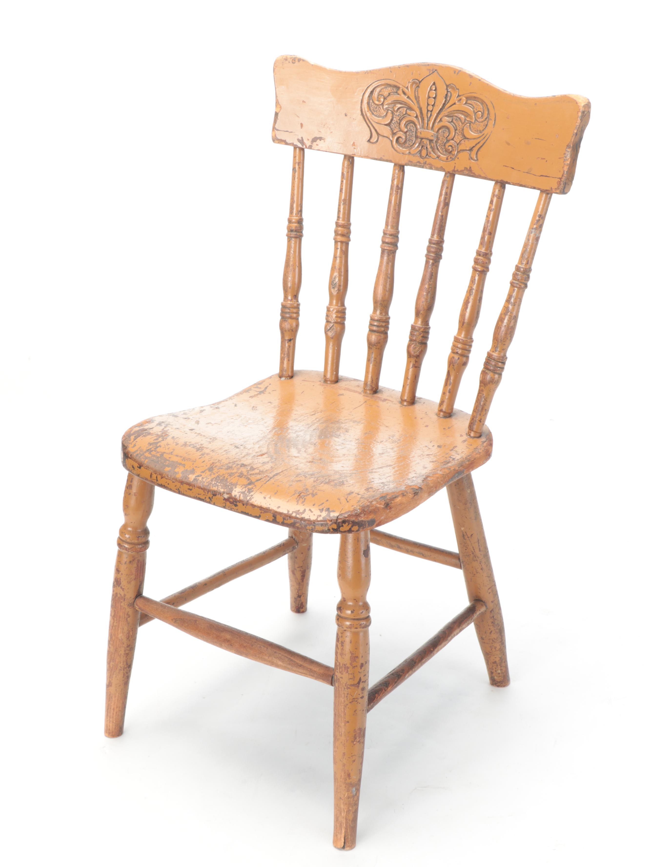 Wrought Iron Magazine Rack, Painted Kitchen Chair and Gilt-Decorated Waste Bin