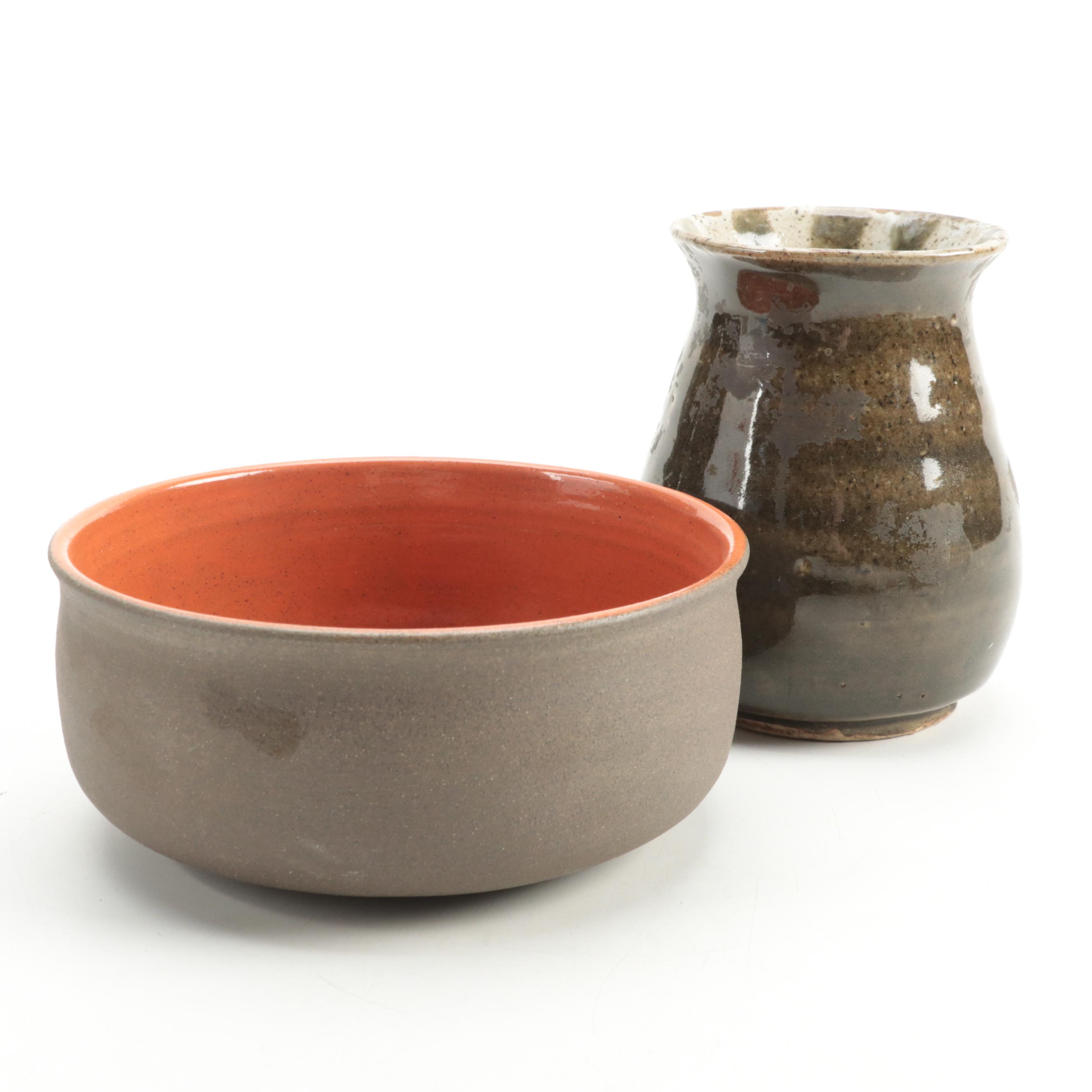 Signed Patricia Fowle Ceramic Bowl with Other Artist Signed Ceramic Vase