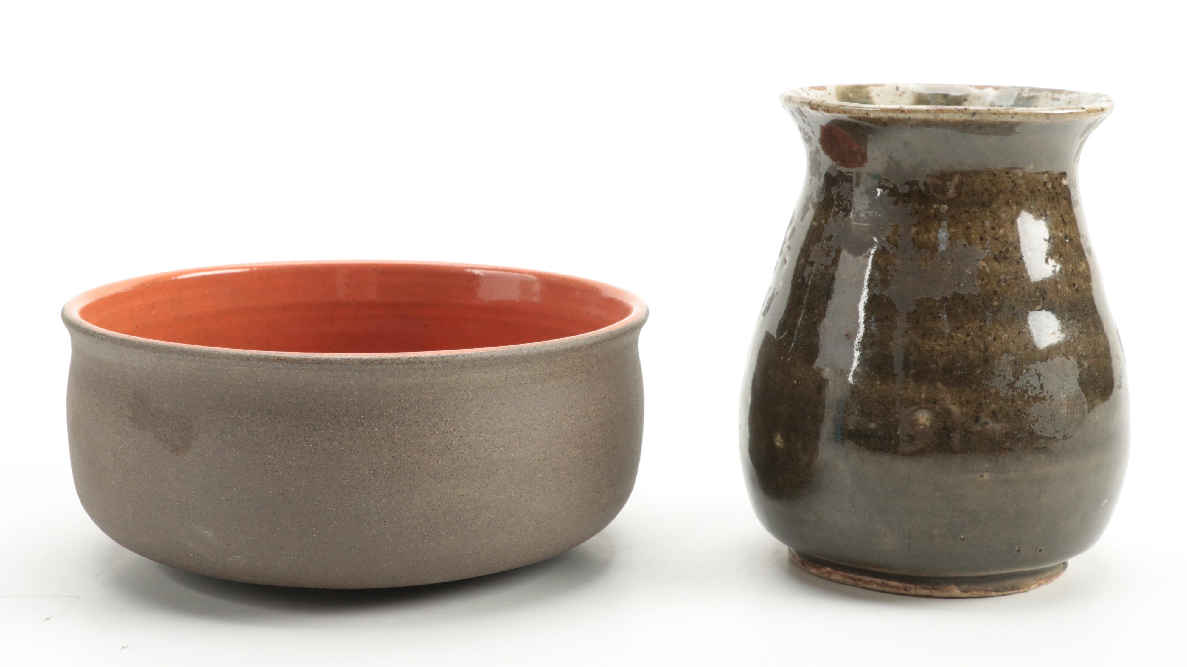 Signed Patricia Fowle Ceramic Bowl with Other Artist Signed Ceramic Vase