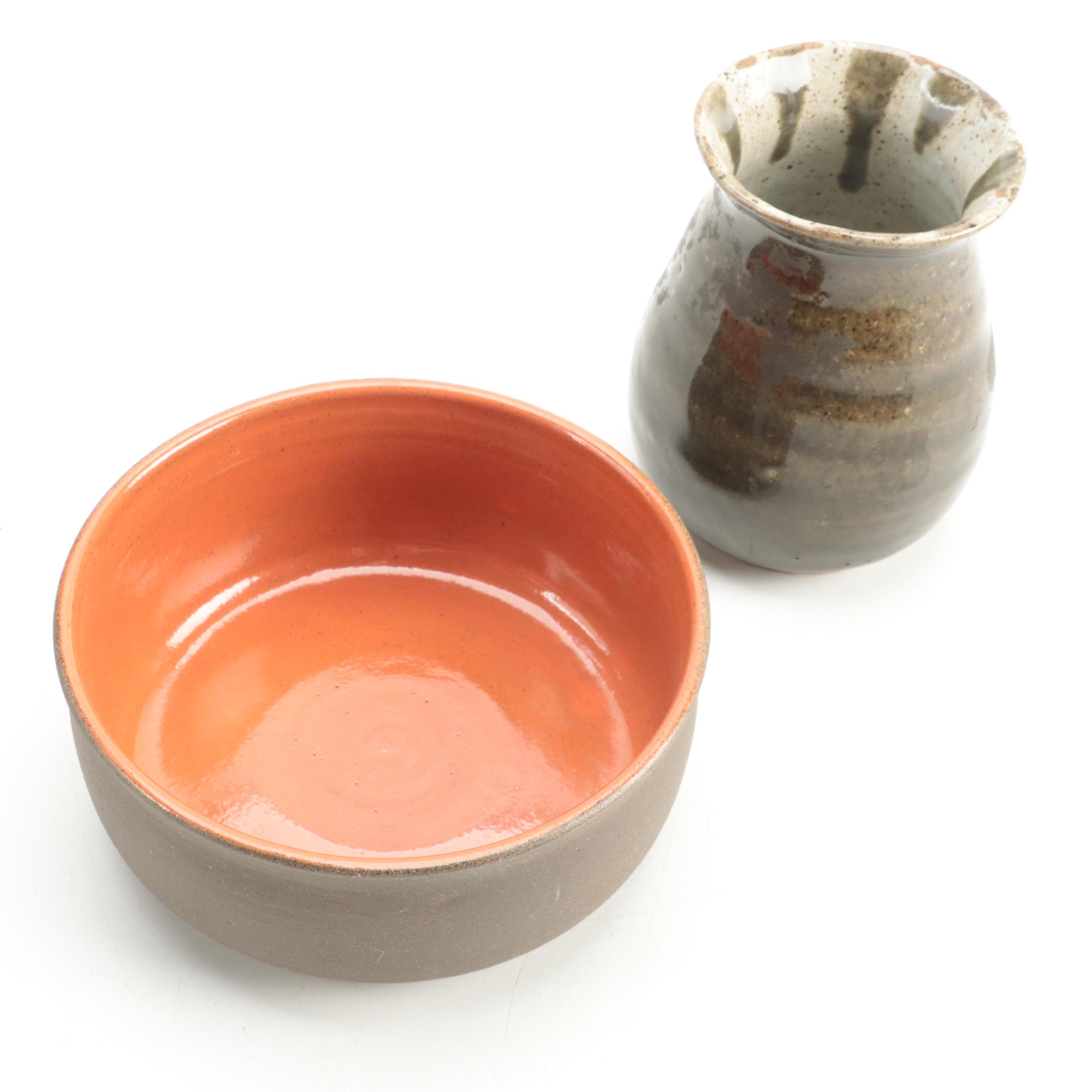 Signed Patricia Fowle Ceramic Bowl with Other Artist Signed Ceramic Vase