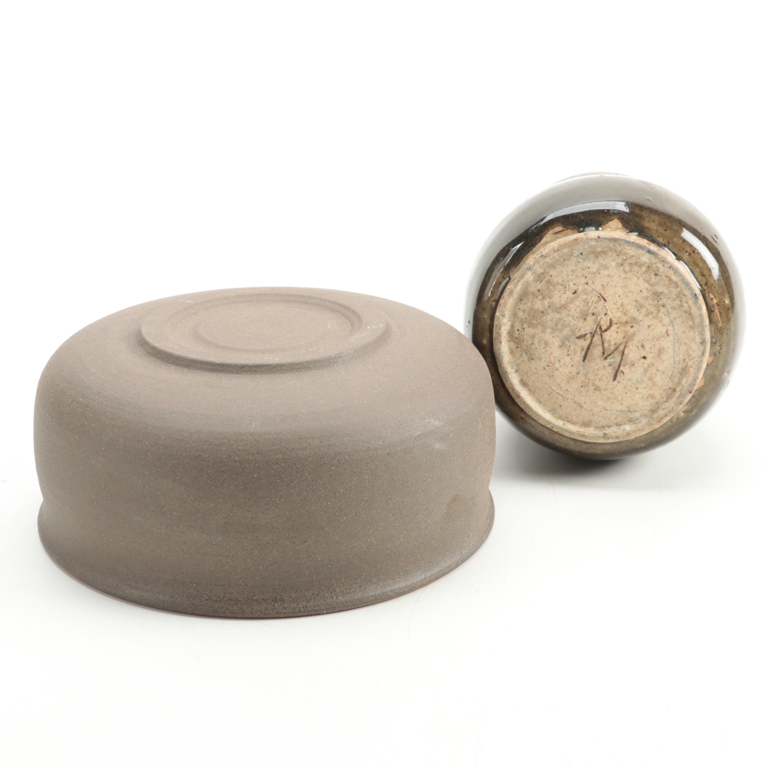 Signed Patricia Fowle Ceramic Bowl with Other Artist Signed Ceramic Vase