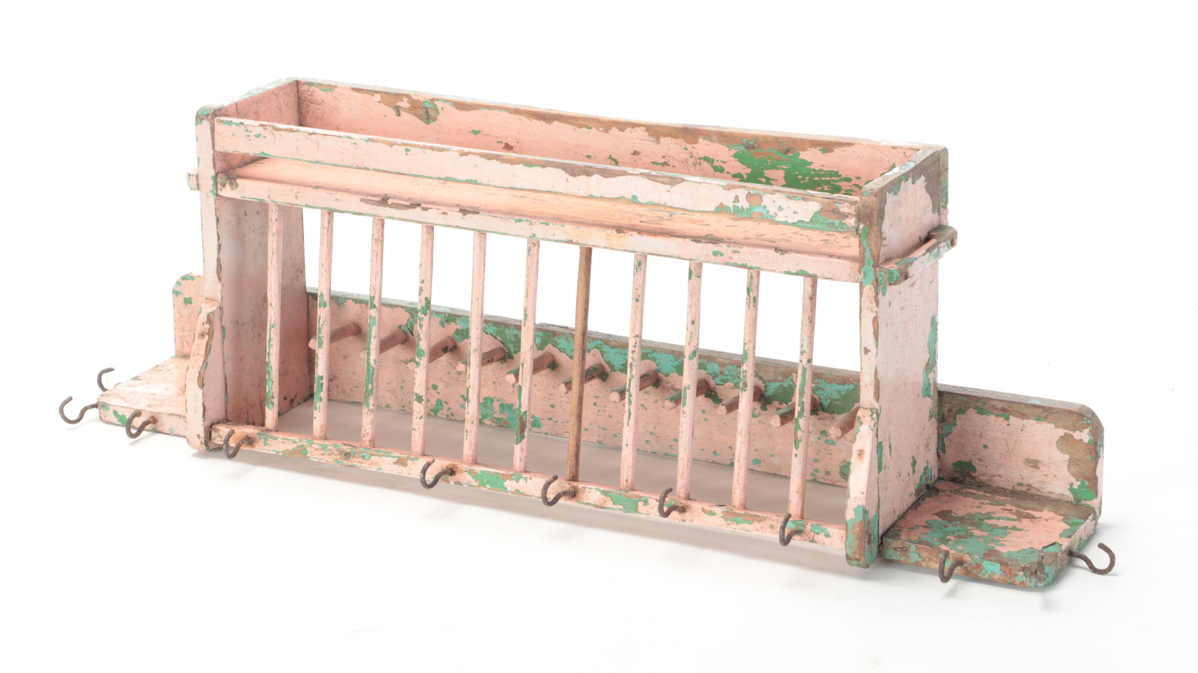 Painted Wooden Wall Hanging Drying Rack, Plate Rail and Cabinet