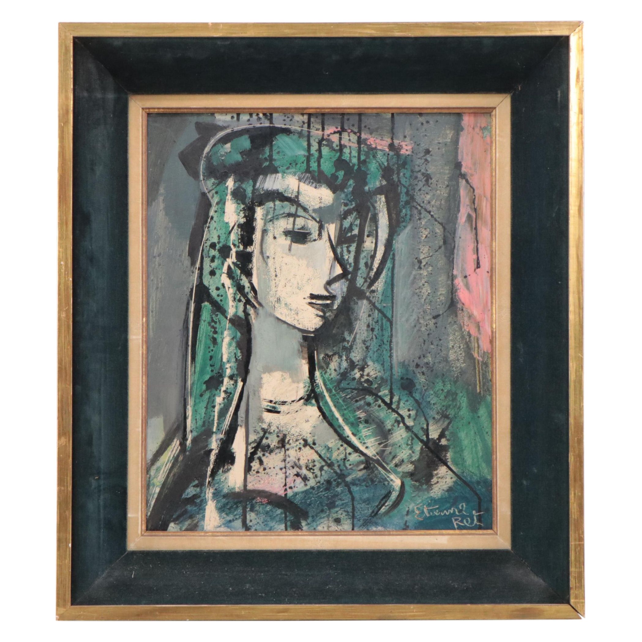 Etienne Ret Portrait Mixed Media Painting of a Lady