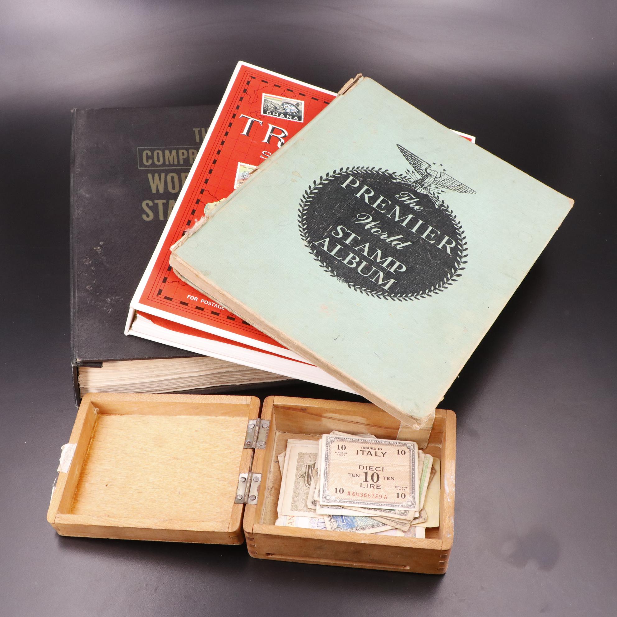 Three Vintage Postage Stamp Albums and Vintage Foreign Currency