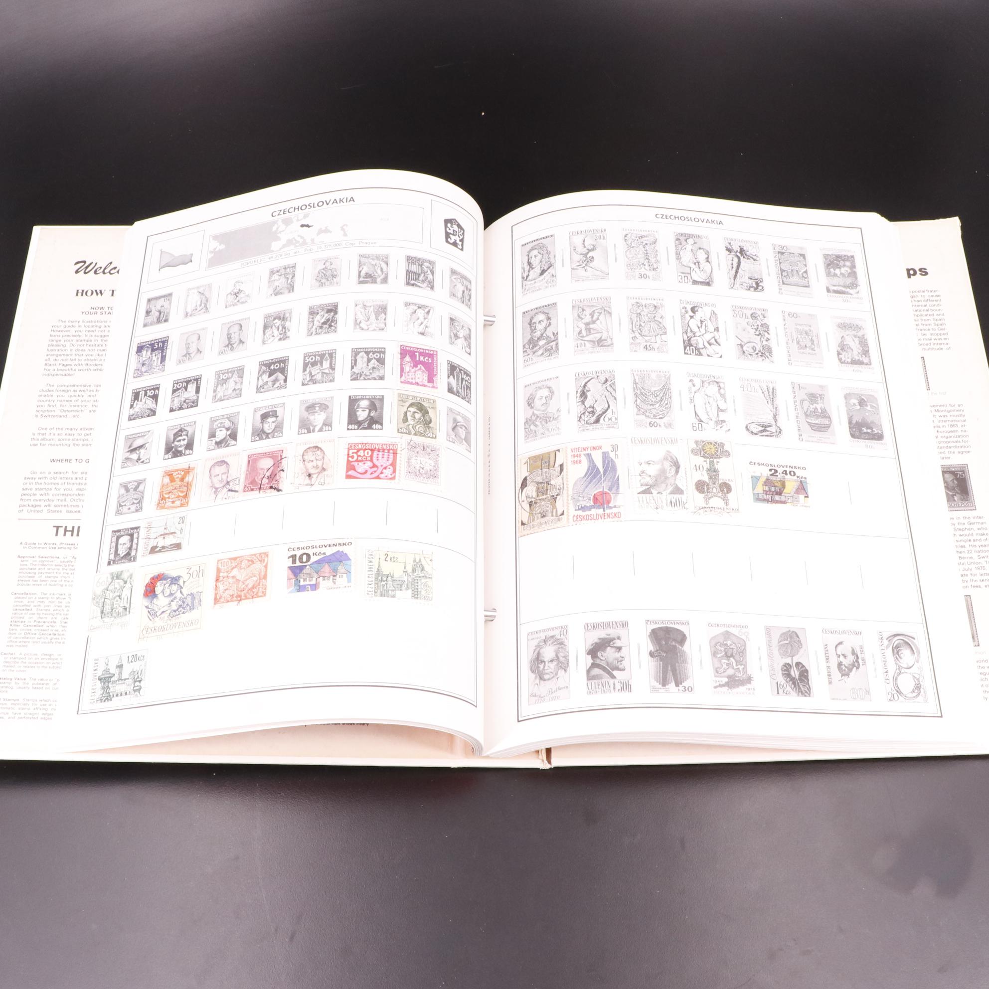 Three Vintage Postage Stamp Albums and Vintage Foreign Currency