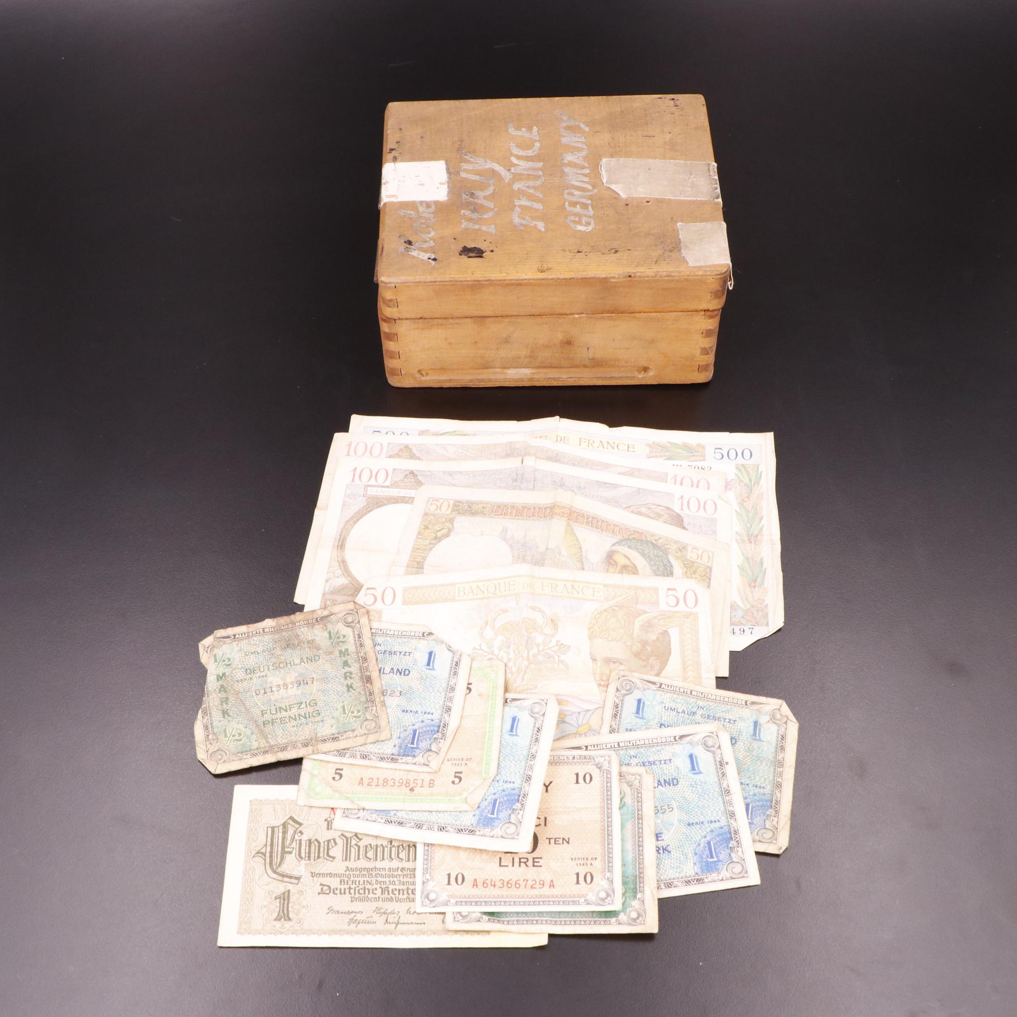 Three Vintage Postage Stamp Albums and Vintage Foreign Currency