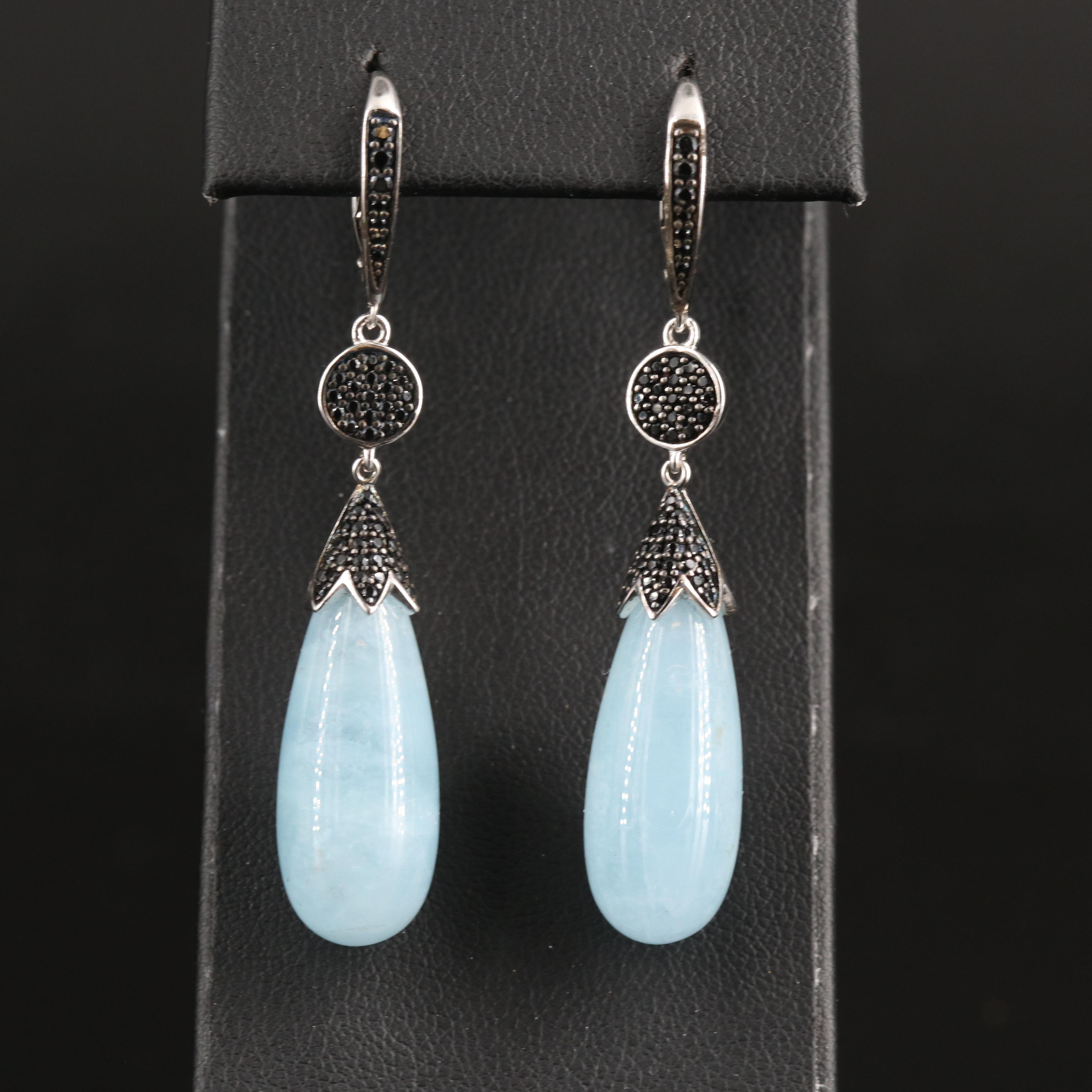 Sterling Aquamarine and Black Onyx Teardrop Earrings