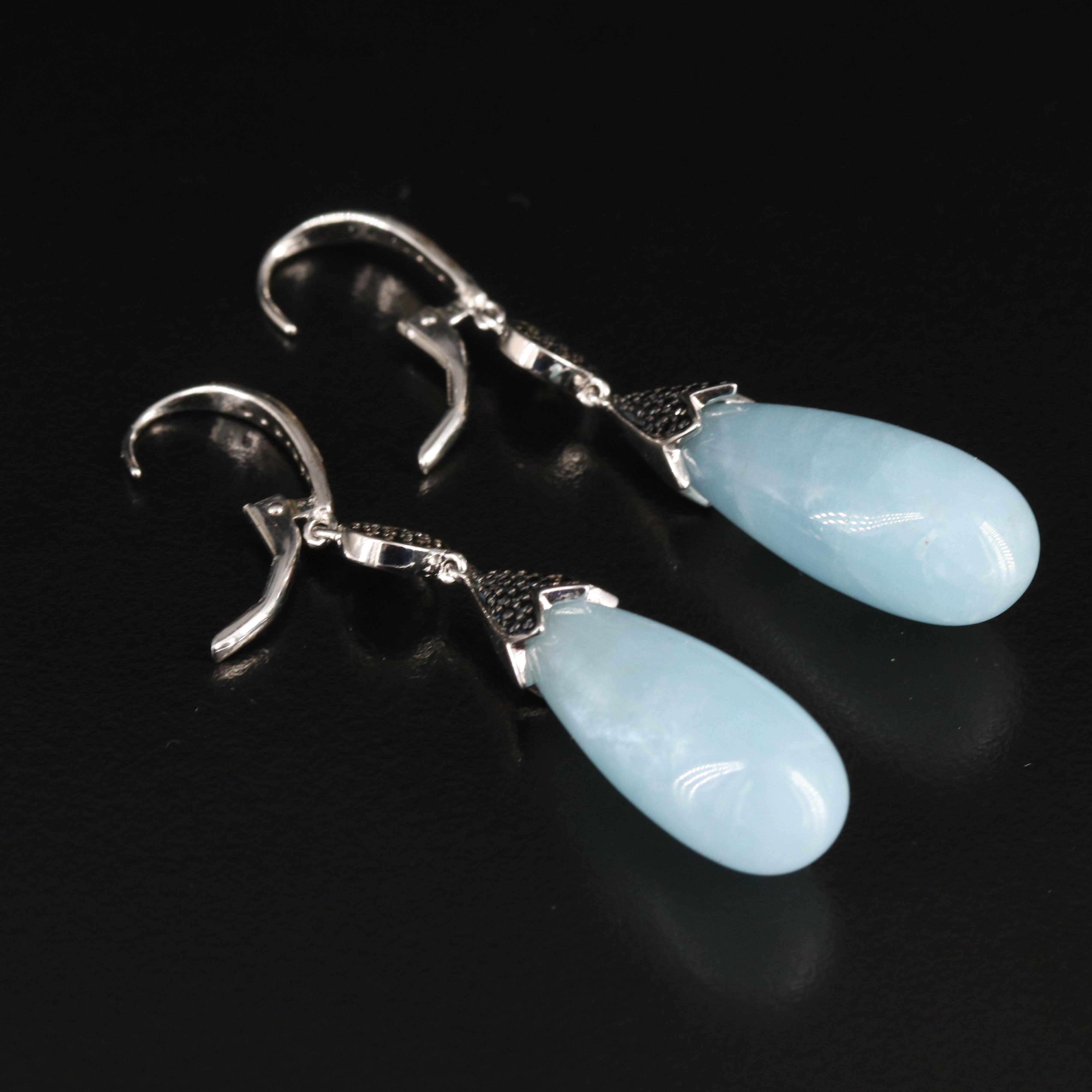 Sterling Aquamarine and Black Onyx Teardrop Earrings