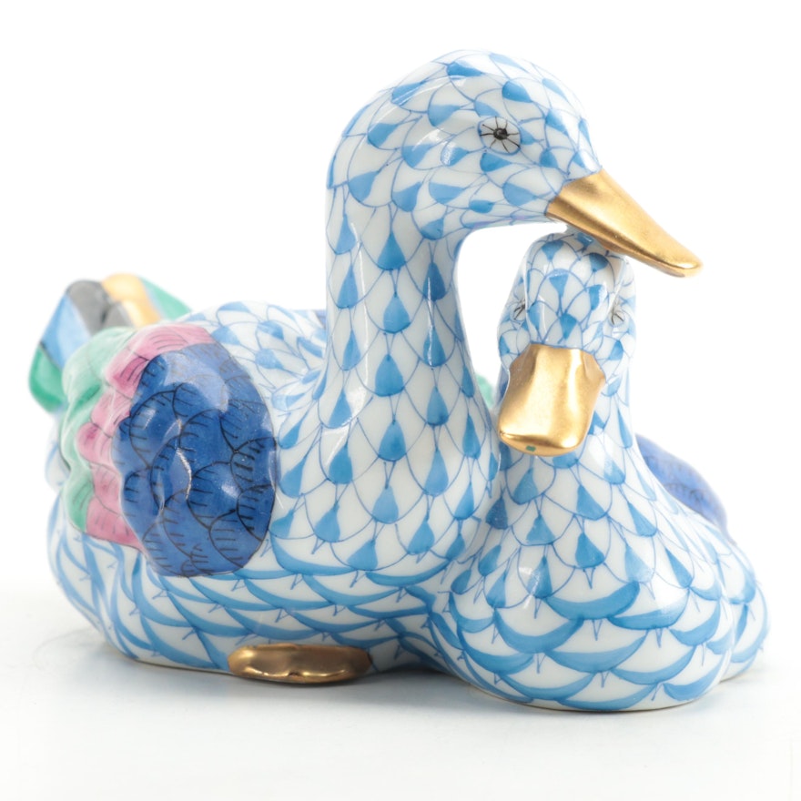 Herend Blue Fishnet with Gold "Pair of Ducks" Porcelain Figurine