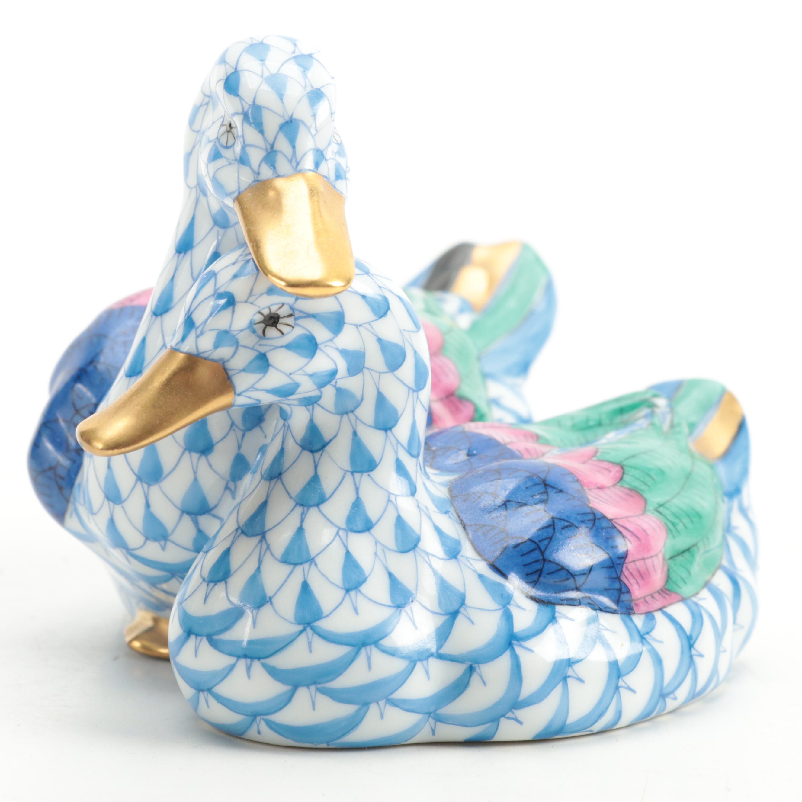 Herend Blue Fishnet with Gold "Pair of Ducks" Porcelain Figurine