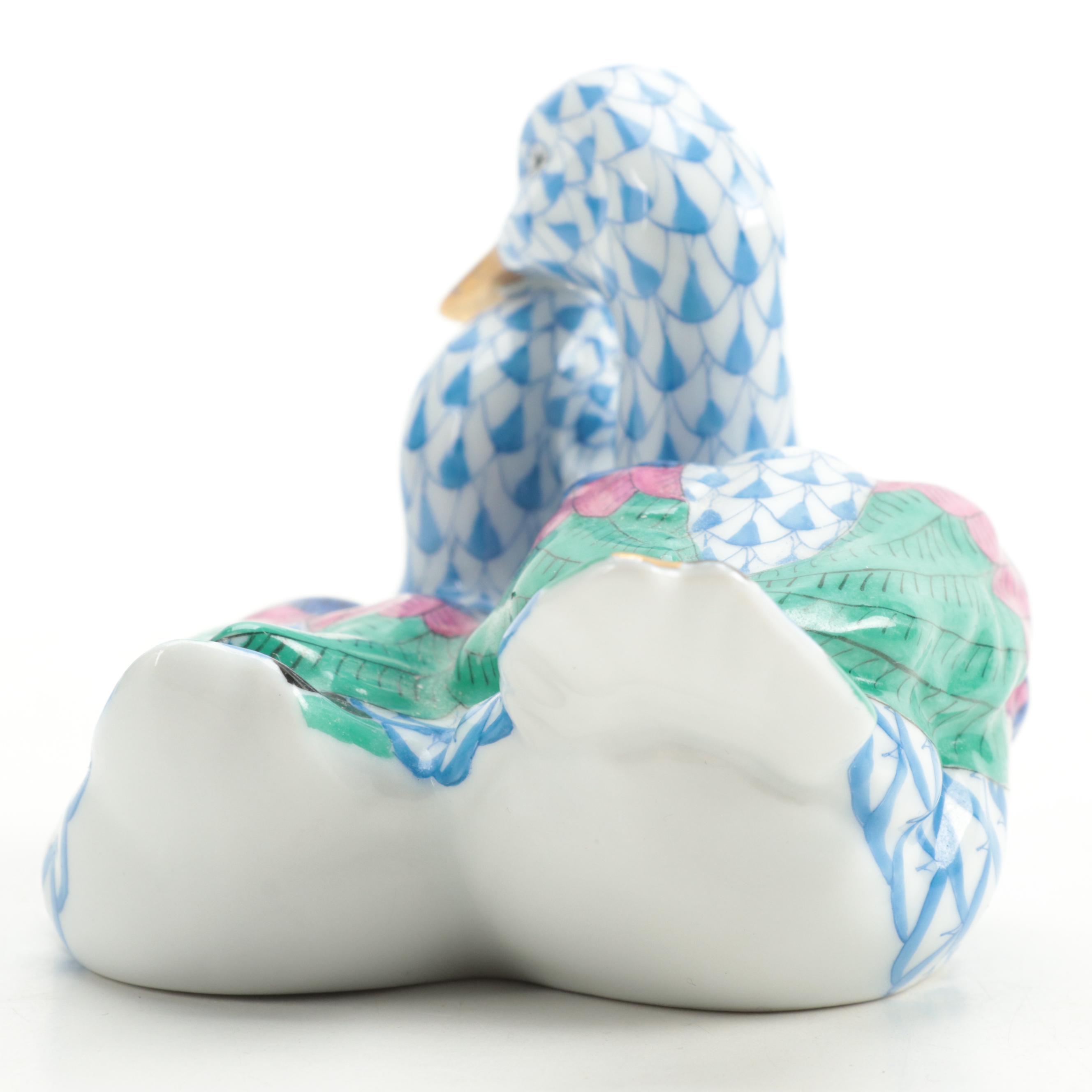 Herend Blue Fishnet with Gold "Pair of Ducks" Porcelain Figurine