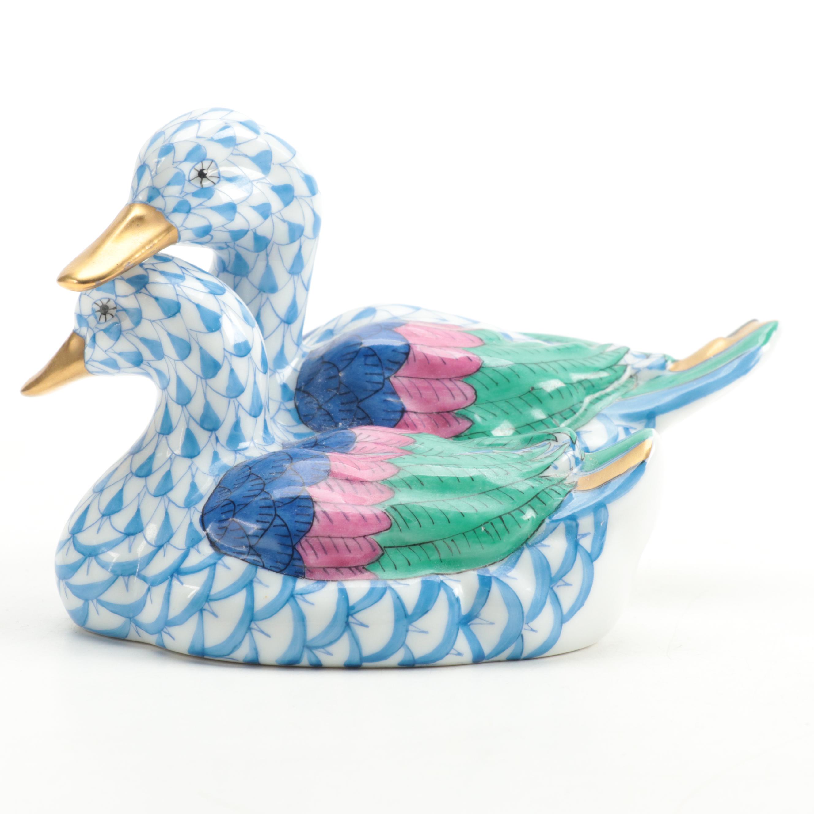 Herend Blue Fishnet with Gold "Pair of Ducks" Porcelain Figurine