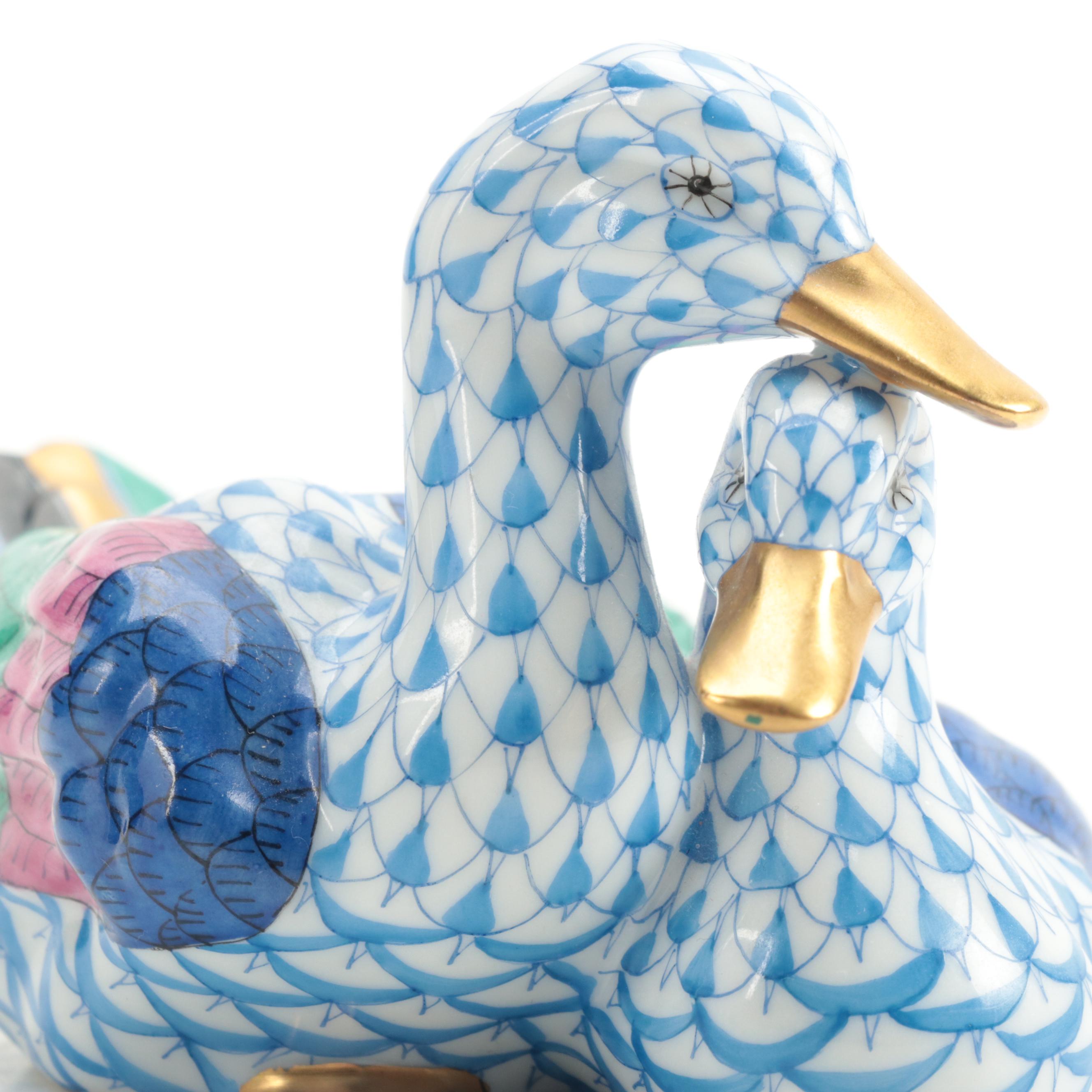 Herend Blue Fishnet with Gold "Pair of Ducks" Porcelain Figurine