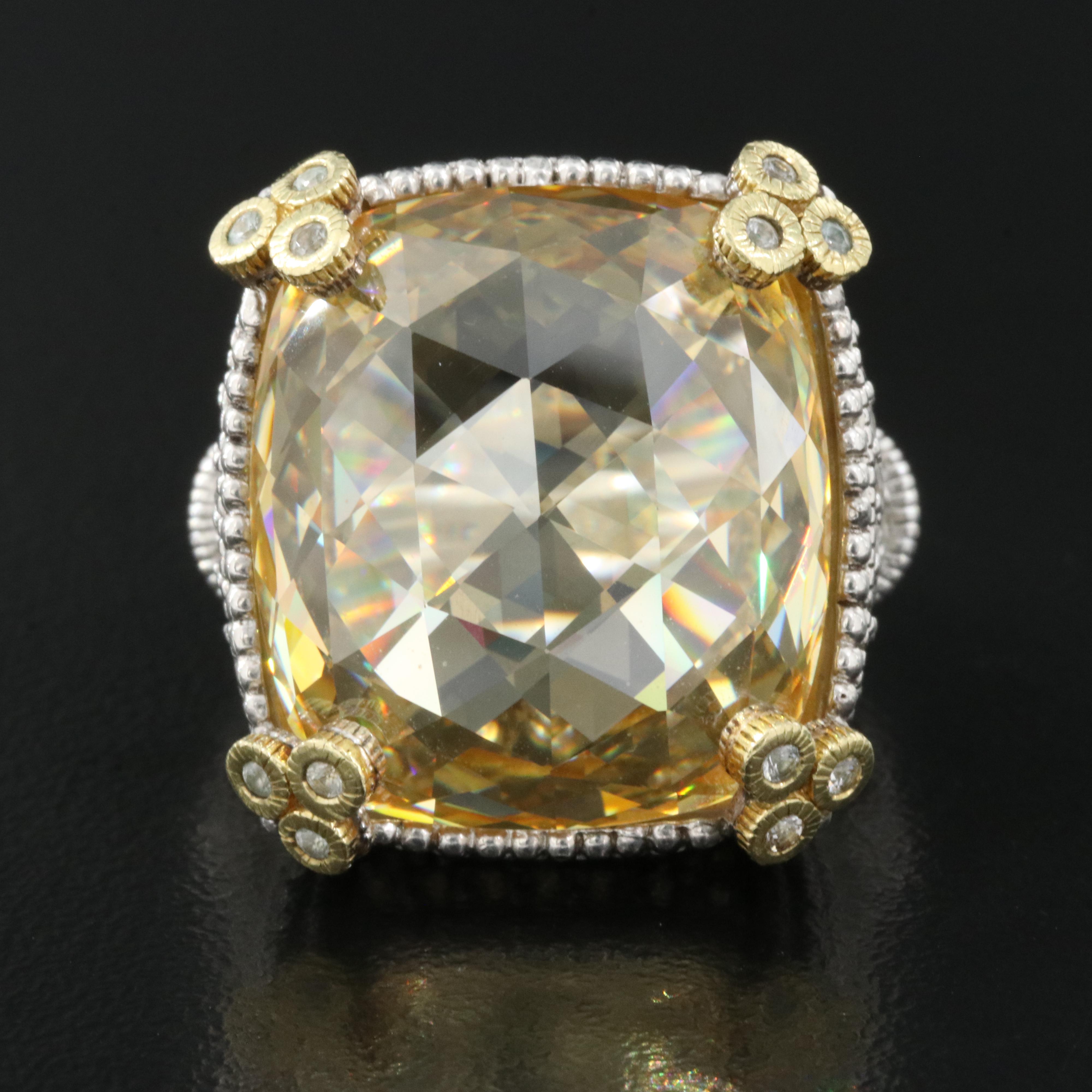 Judith Ripka Sterling Cubic Zirconia and Topaz Ring with 18K Accents