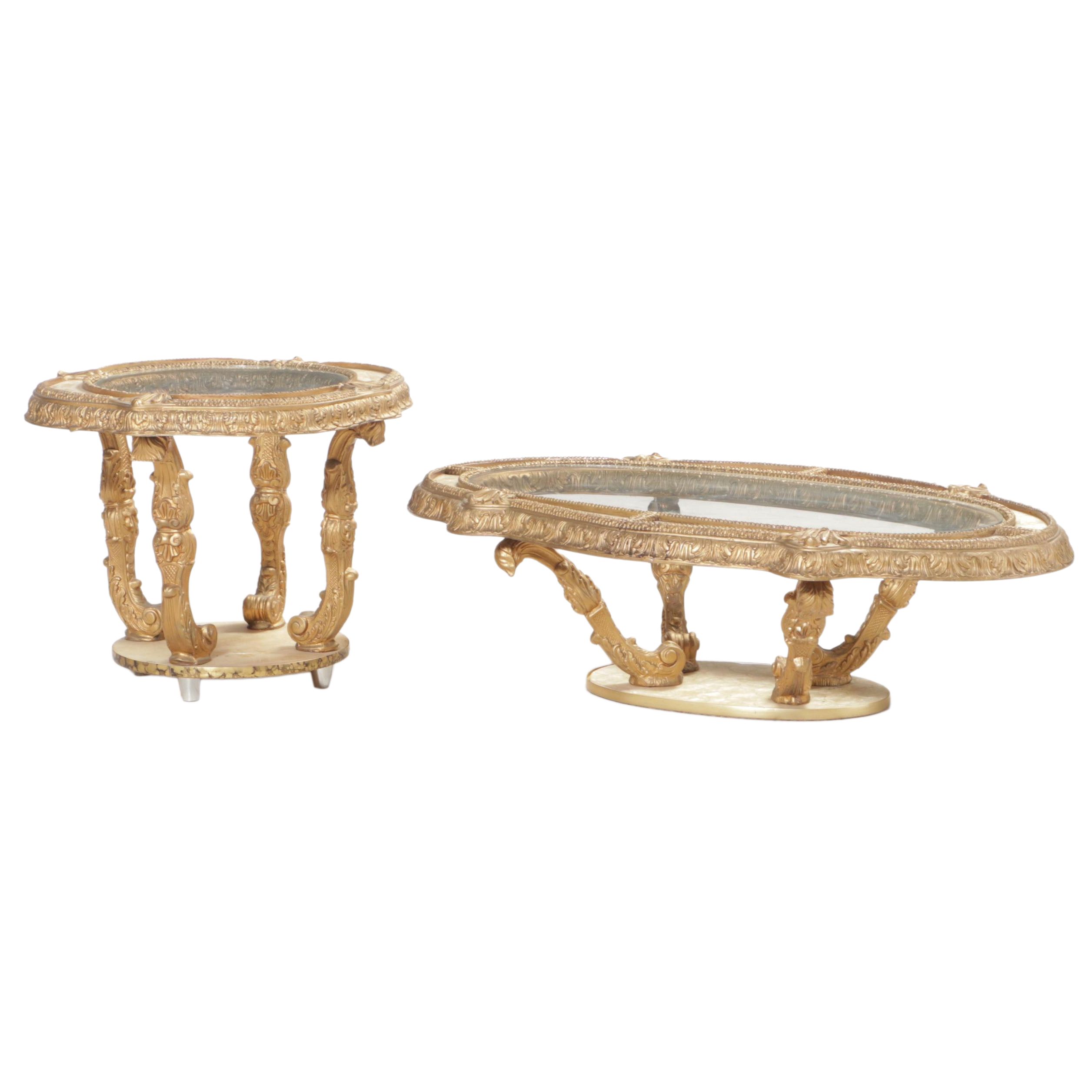 Louis XV Style Gilt-Decorated, Pearlescent, and Glass Top Coffee and Side Table