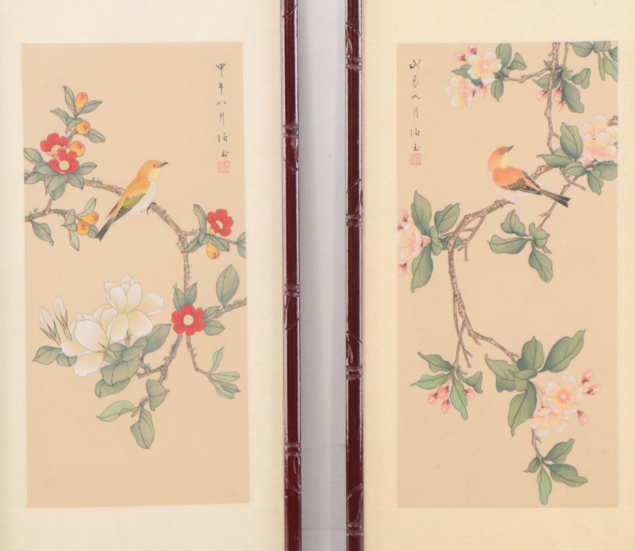 East Asian Gouache Paintings of Blossoming Trees and Birds
