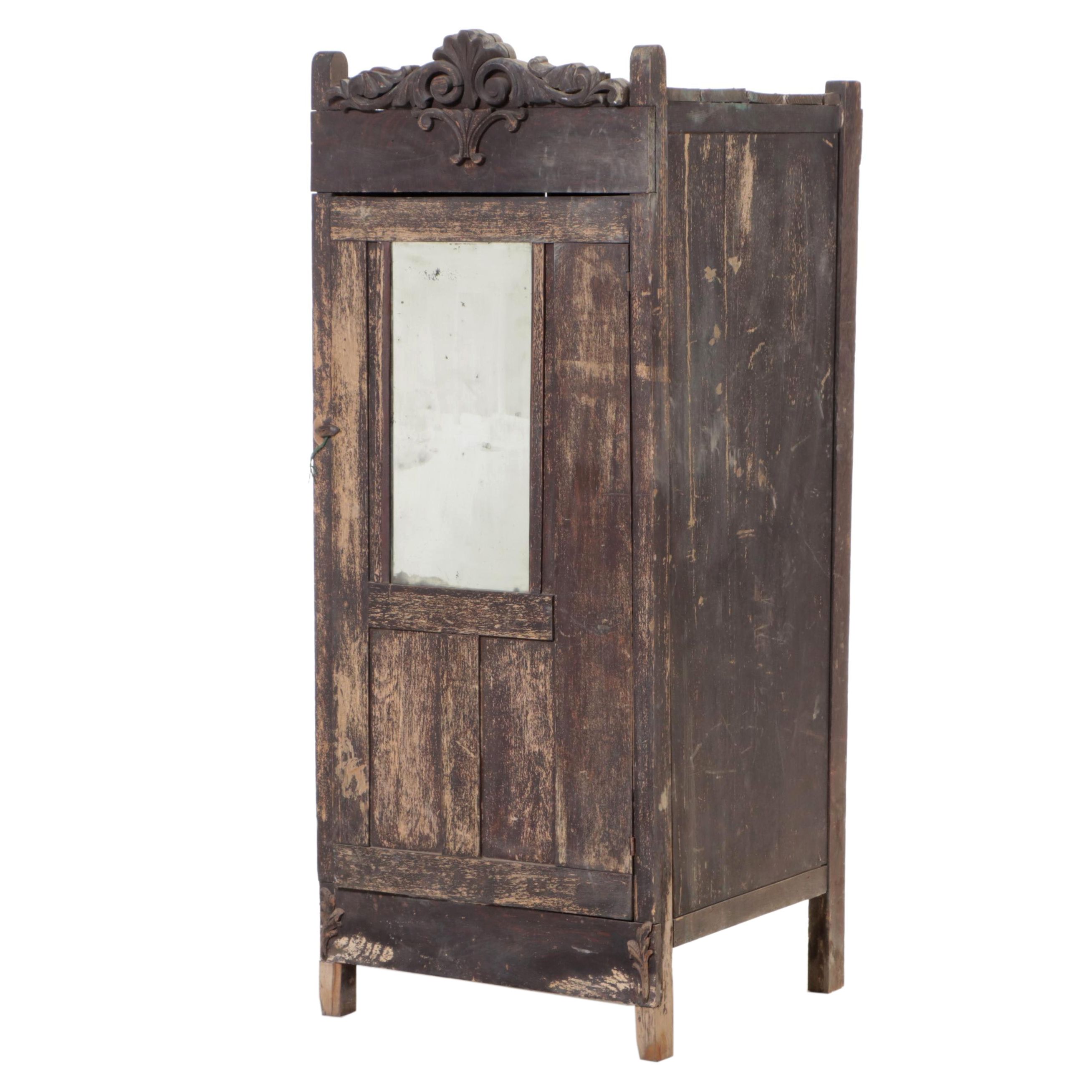 Weathered Planked Wood Cabinet with Mirrored Door