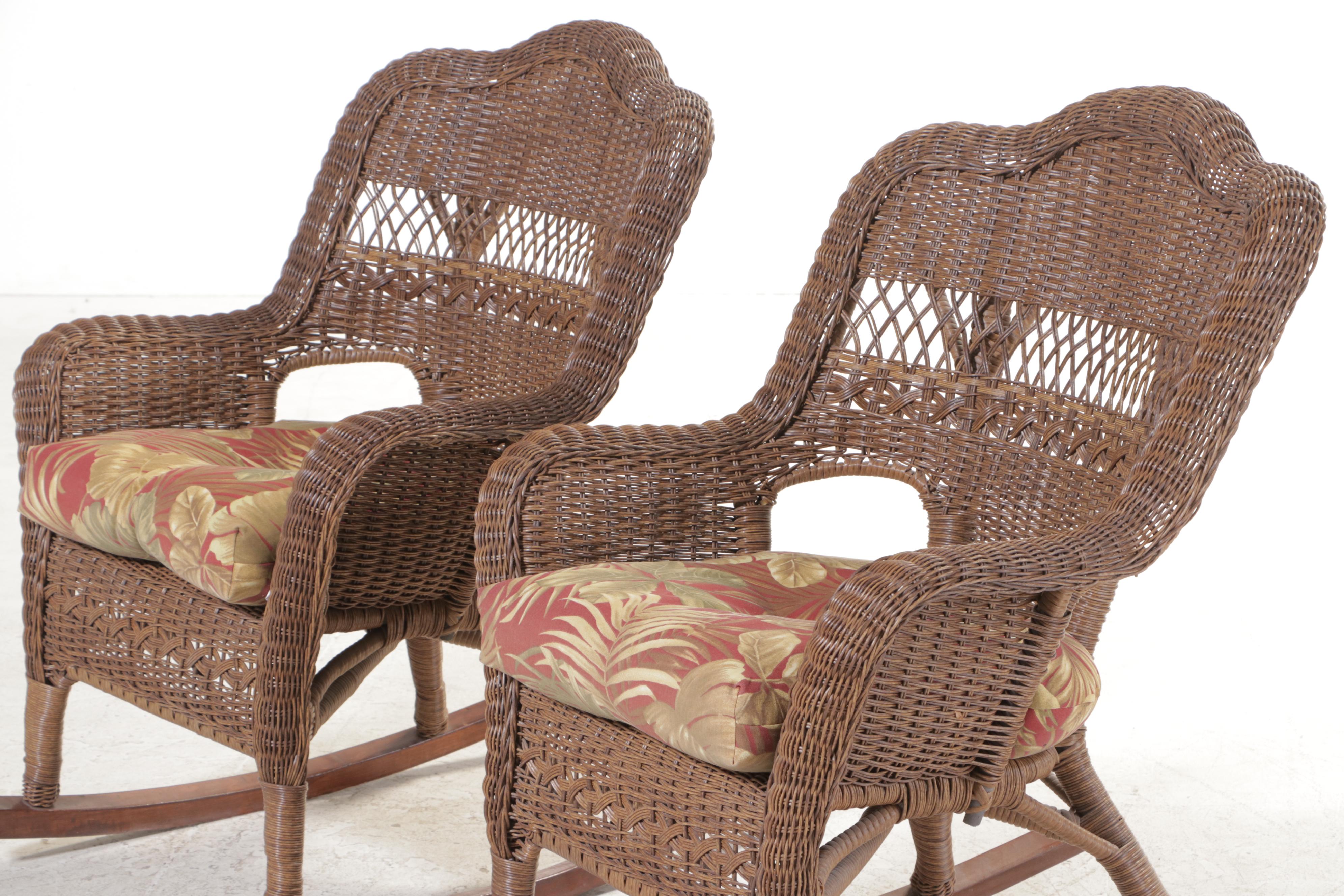 Pair of Resin Wicker and Hardwood Patio Rockers